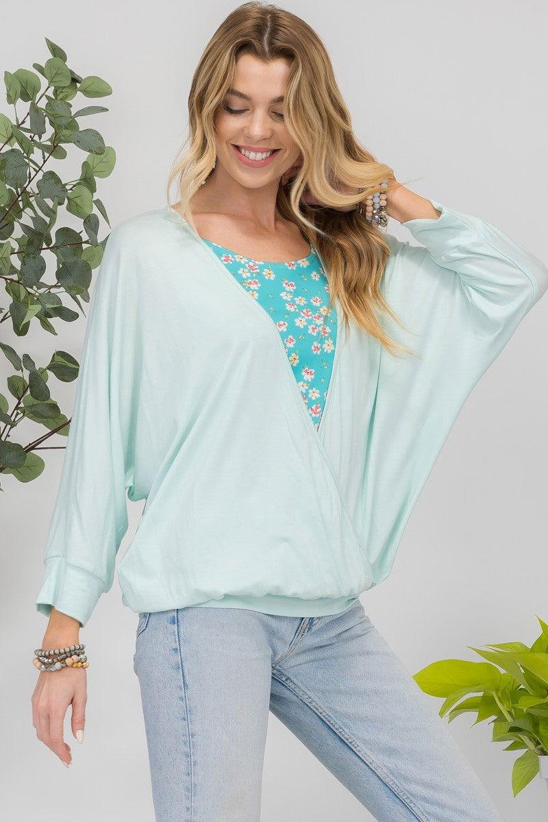 Celeste Full Size Floral Round Neck Top with Two Layer Detail - Clothes For Her Online Store