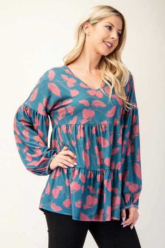 Celeste Full Size Tiered Floral V-Neck Long Sleeve Blouse - Clothes For Her Online Store