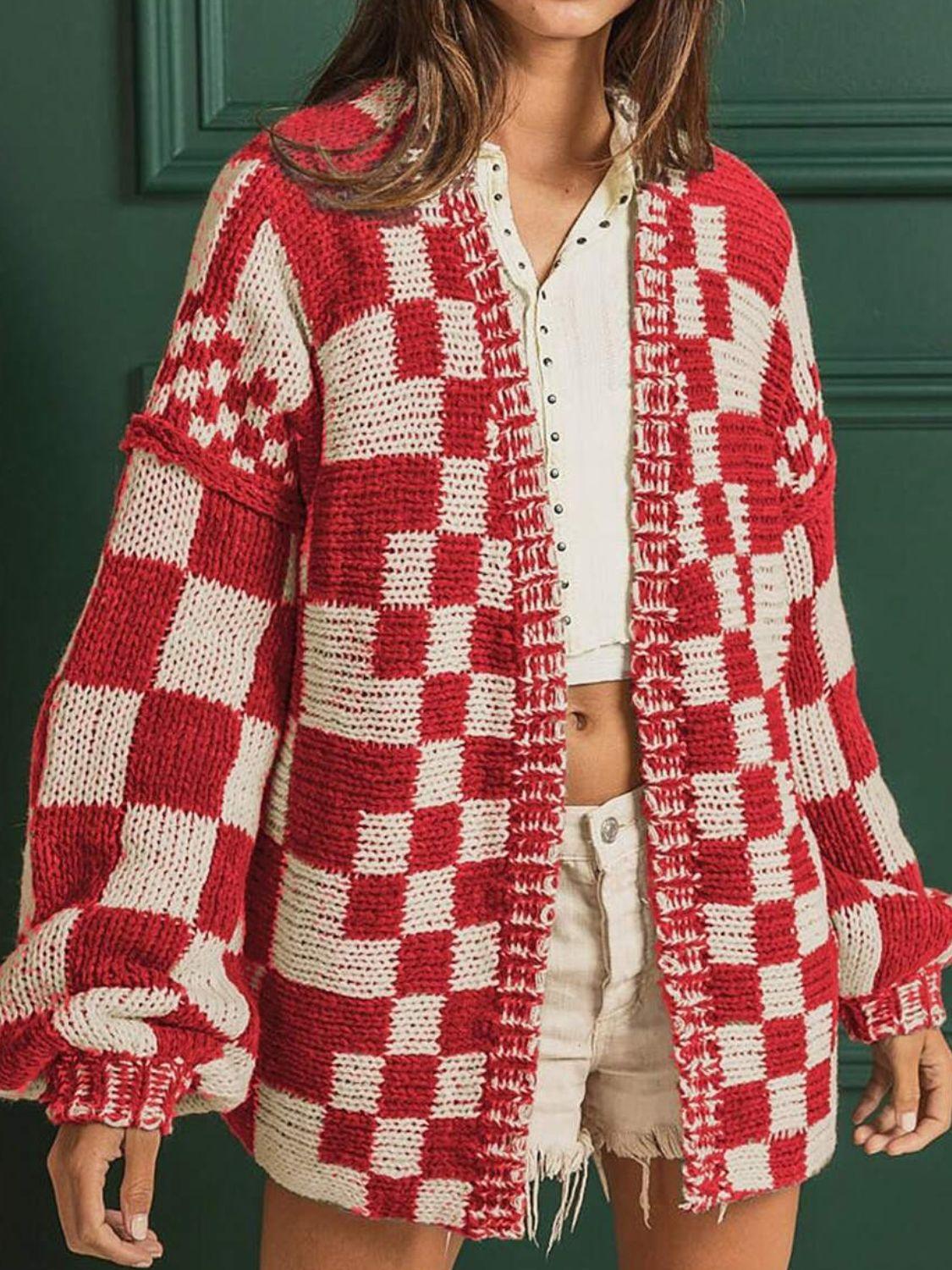 Checkered Open Front Long Sleeve Cardigan - Clothes For Her Online Store