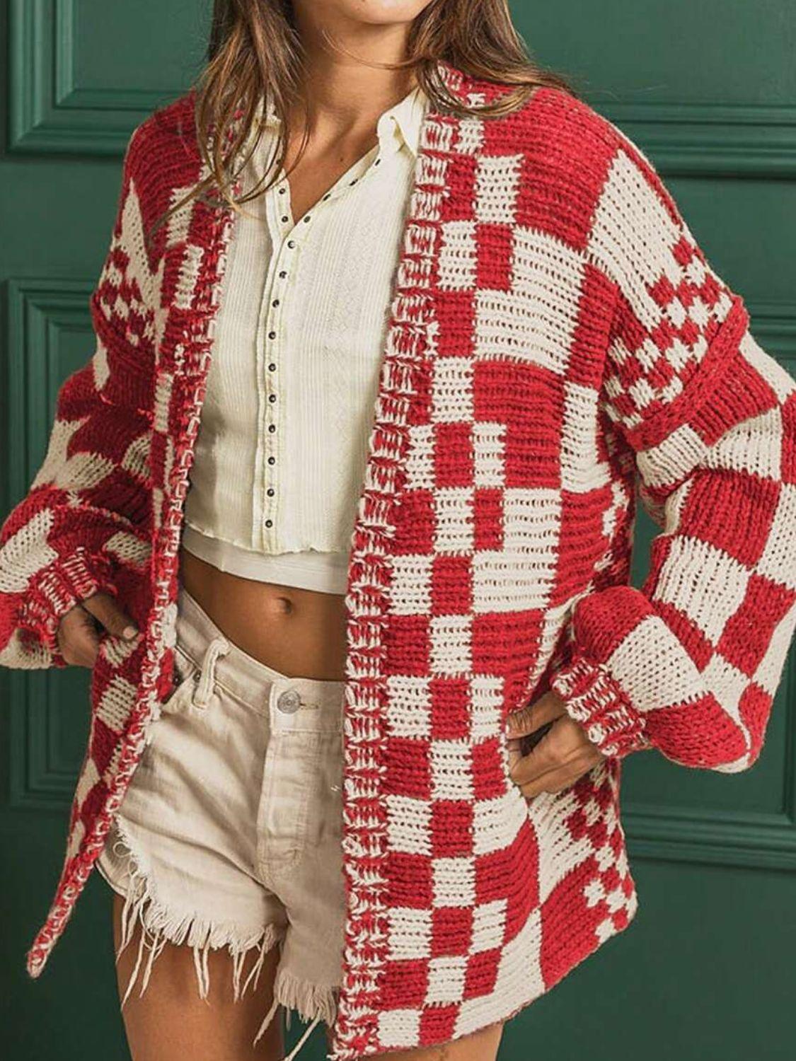 Checkered Open Front Long Sleeve Cardigan - Clothes For Her Online Store