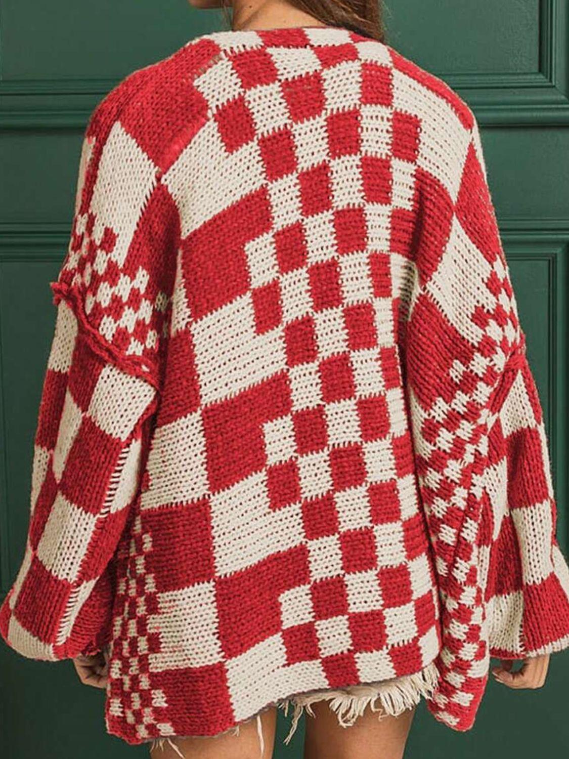 Checkered Open Front Long Sleeve Cardigan - Clothes For Her Online Store