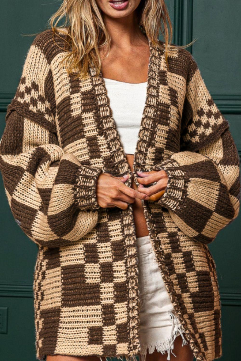 Checkered Open Front Long Sleeve Cardigan - Clothes For Her Online Store