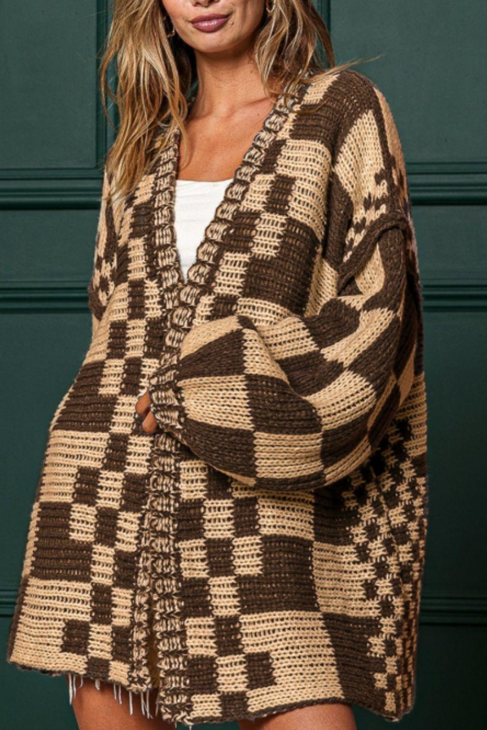 Checkered Open Front Long Sleeve Cardigan - Clothes For Her Online Store