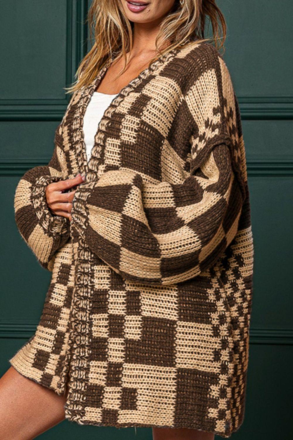 Checkered Open Front Long Sleeve Cardigan - Clothes For Her Online Store