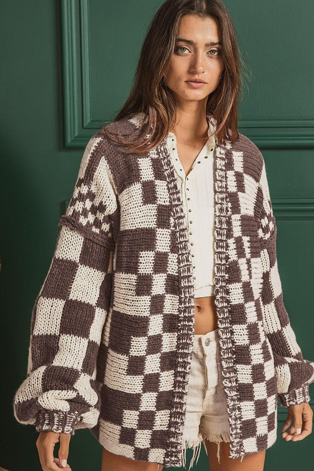 Checkered Open Front Long Sleeve Cardigan - Clothes For Her Online Store
