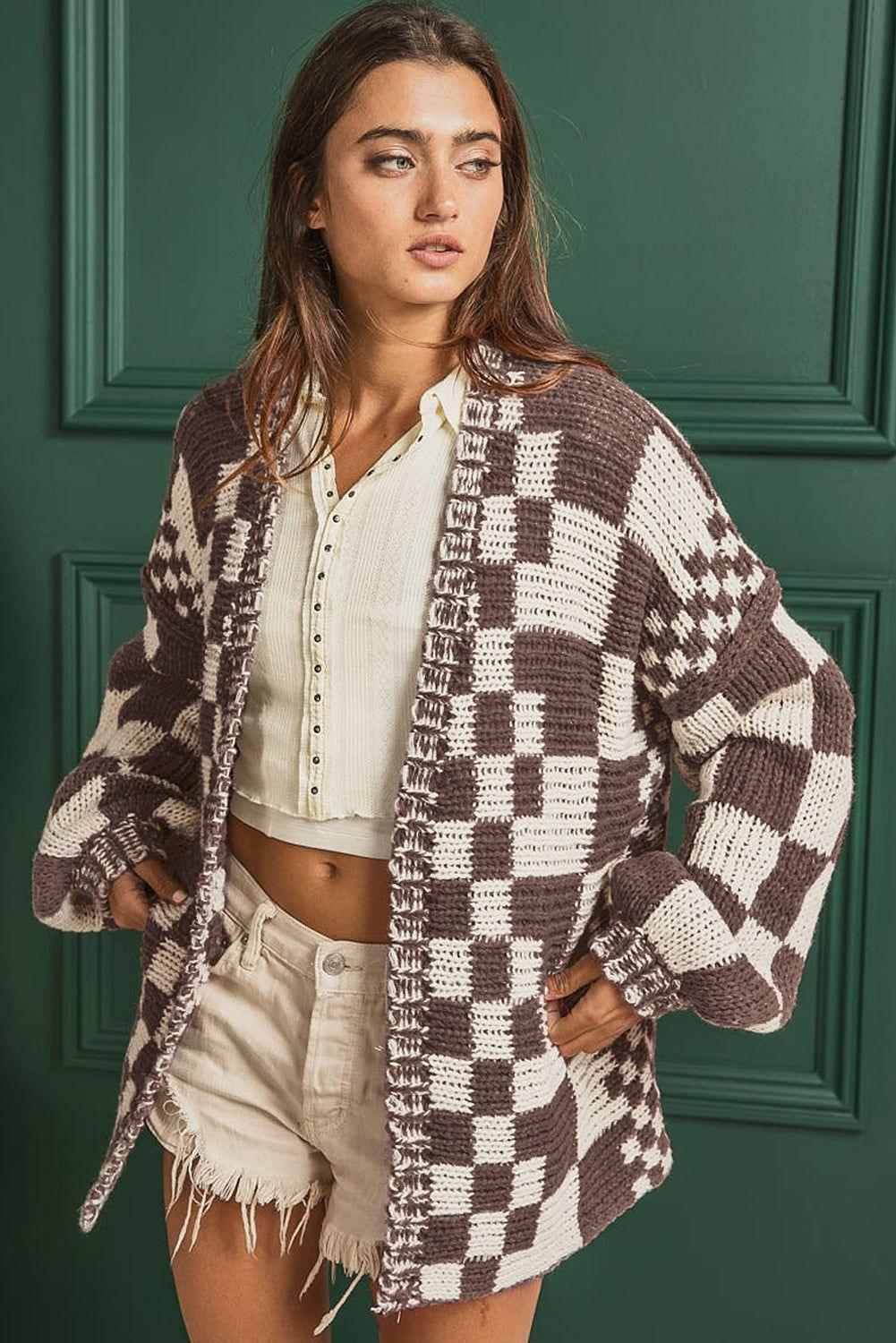 Checkered Open Front Long Sleeve Cardigan - Clothes For Her Online Store