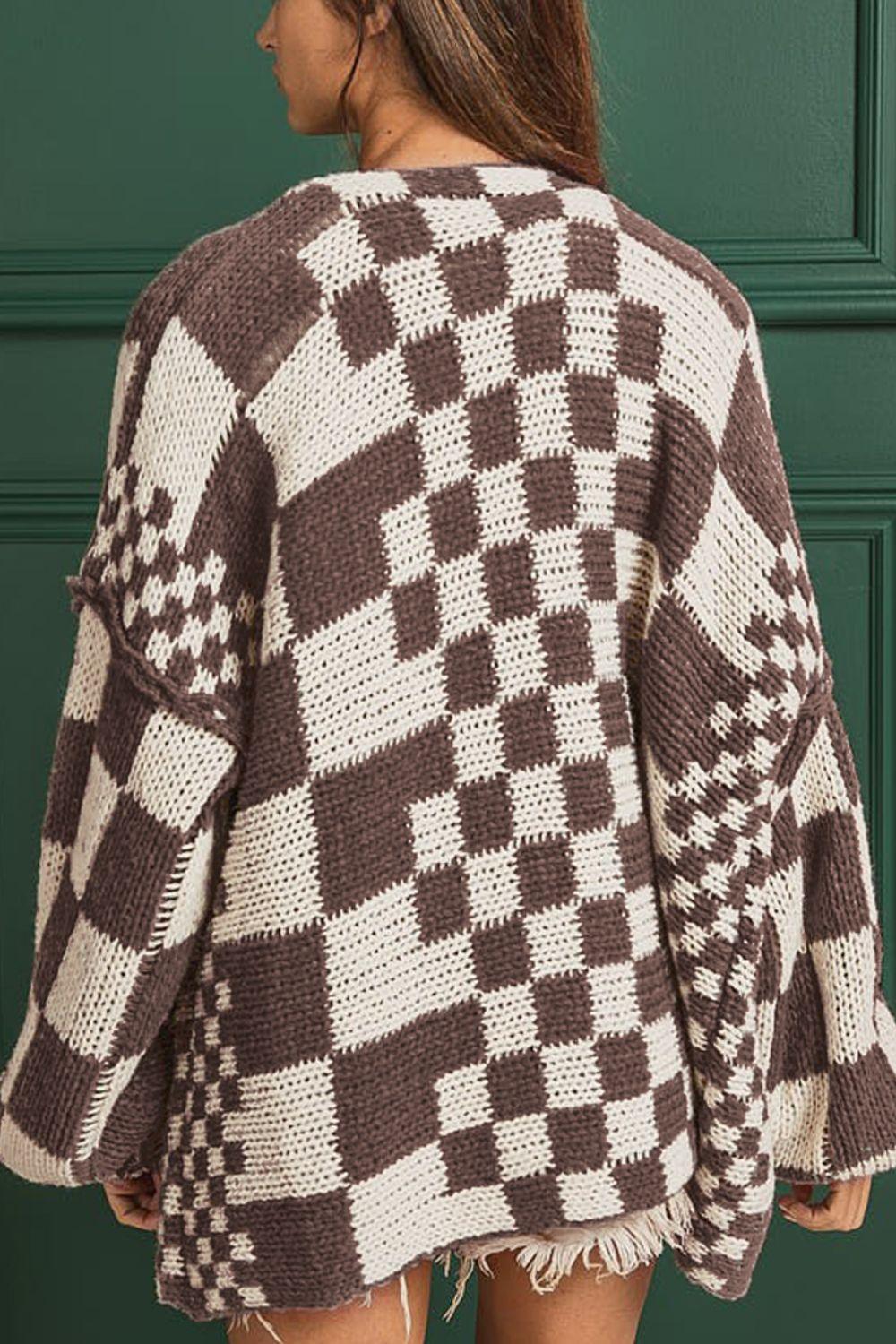 Checkered Open Front Long Sleeve Cardigan - Clothes For Her Online Store