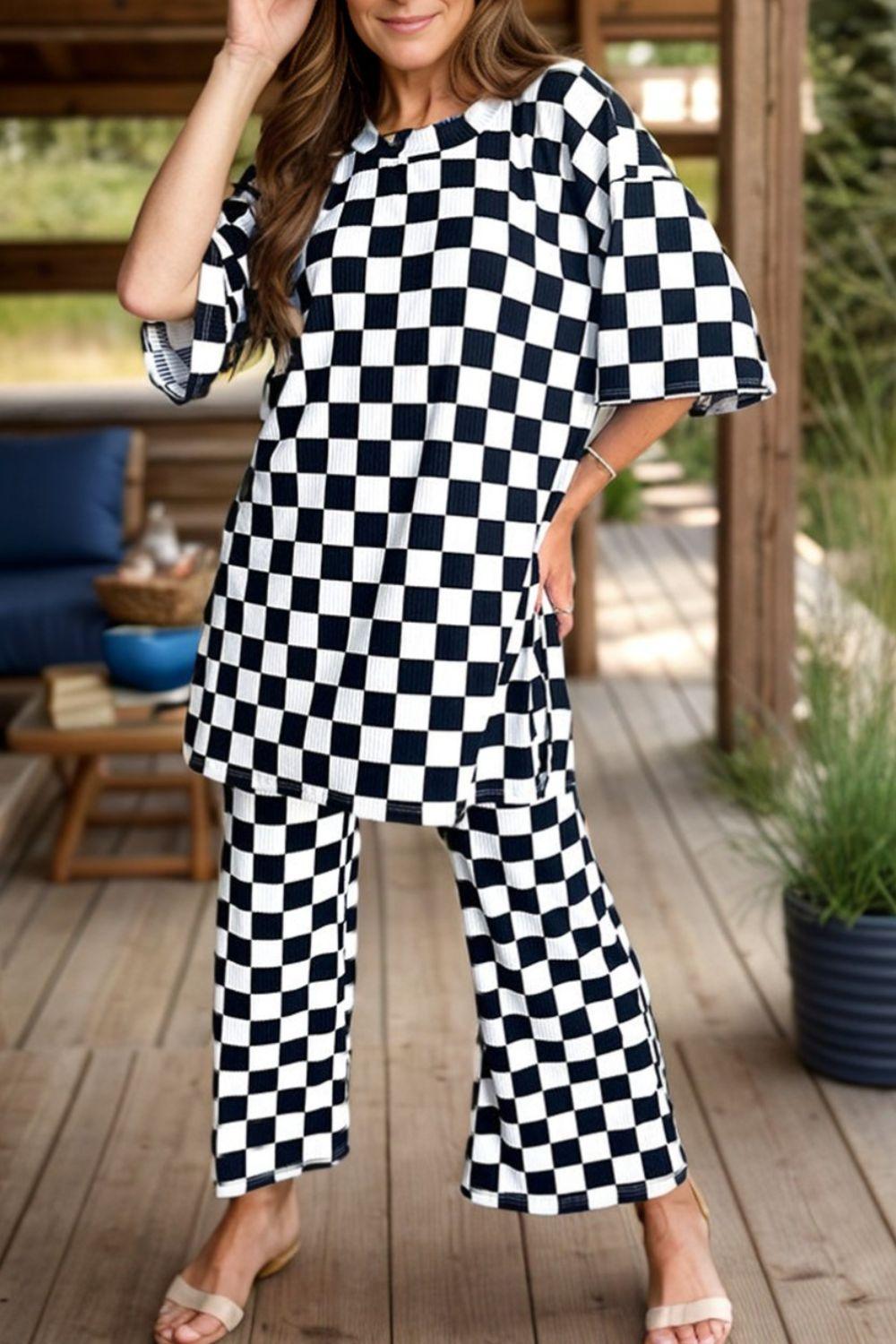 Checkered Round Neck Half Sleeve Top and Pants Set - Clothes For Her Online Store