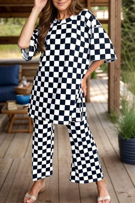 Checkered Round Neck Half Sleeve Top and Pants Set - Clothes For Her Online Store