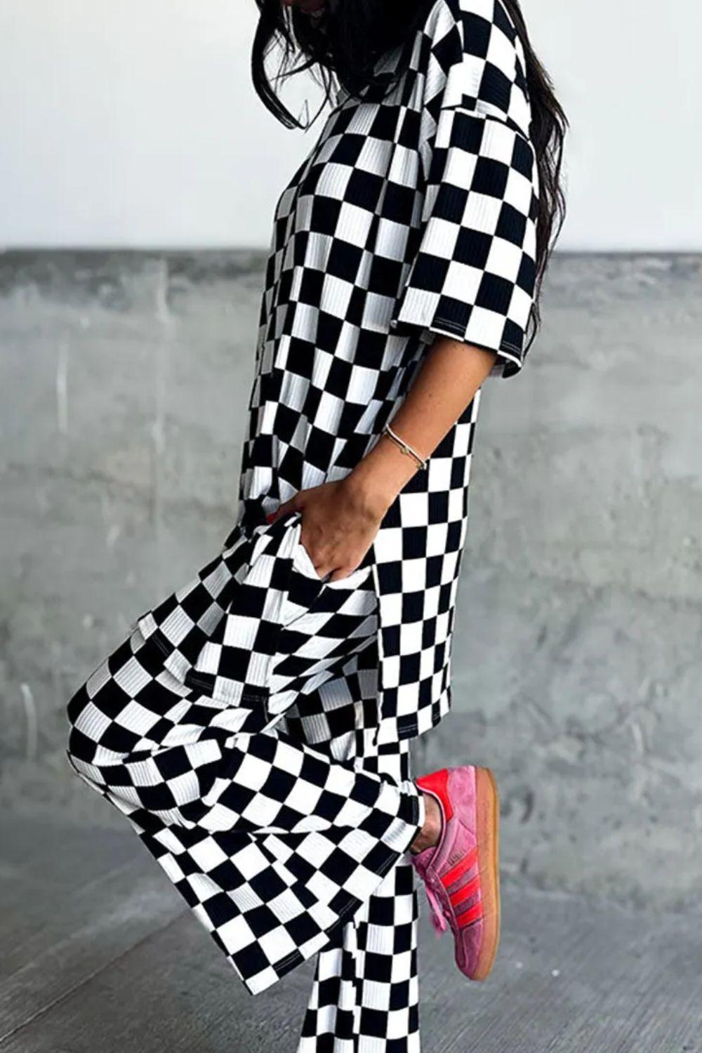 Checkered Round Neck Half Sleeve Top and Pants Set - Clothes For Her Online Store