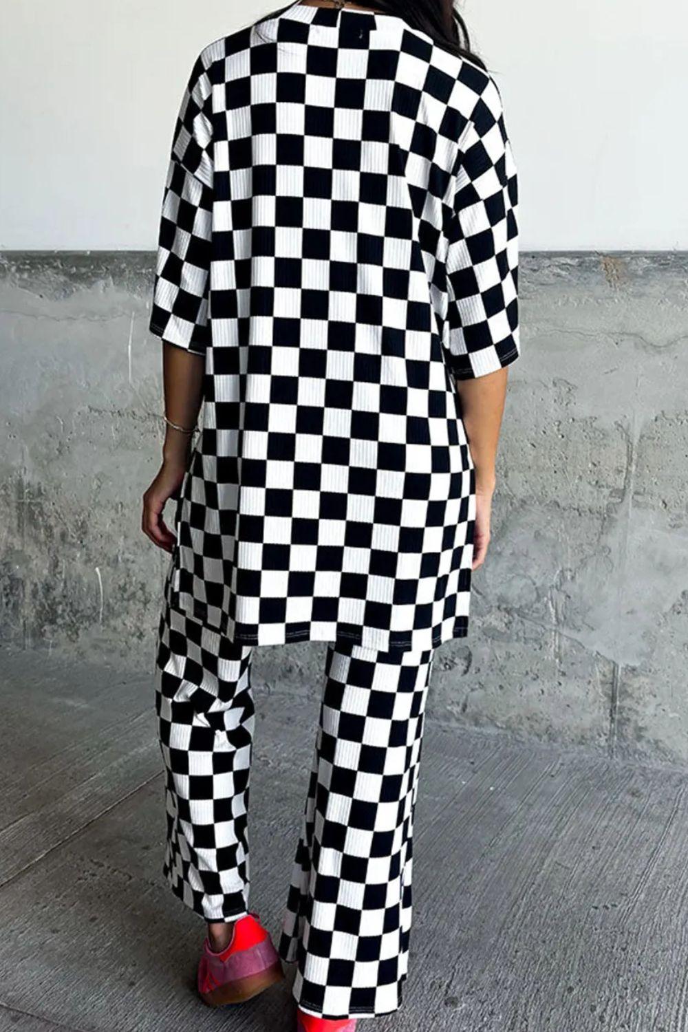 Checkered Round Neck Half Sleeve Top and Pants Set - Clothes For Her Online Store