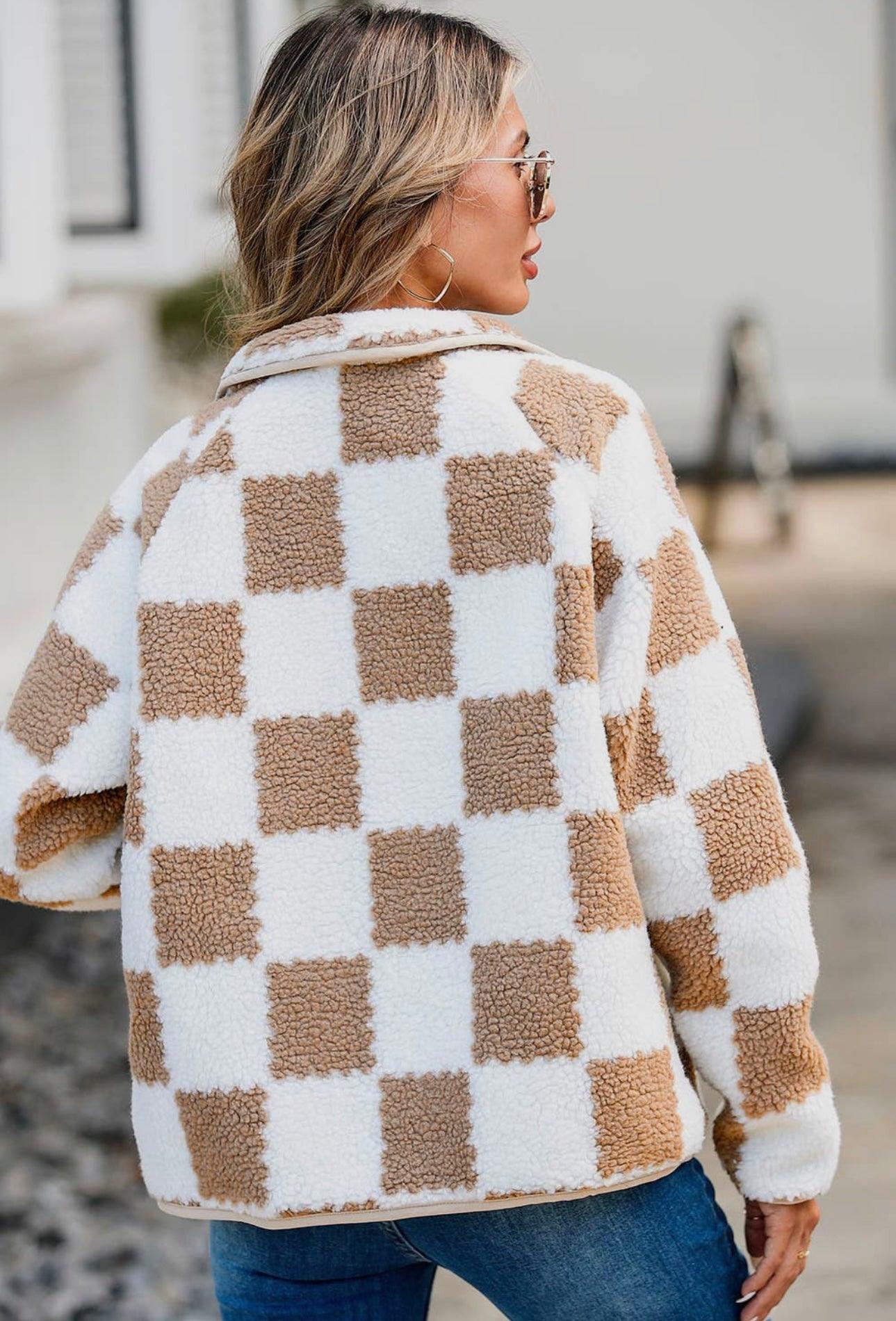 Checkered Snap Down Long Sleeve Teddy Jacket - Clothes For Her Online Store