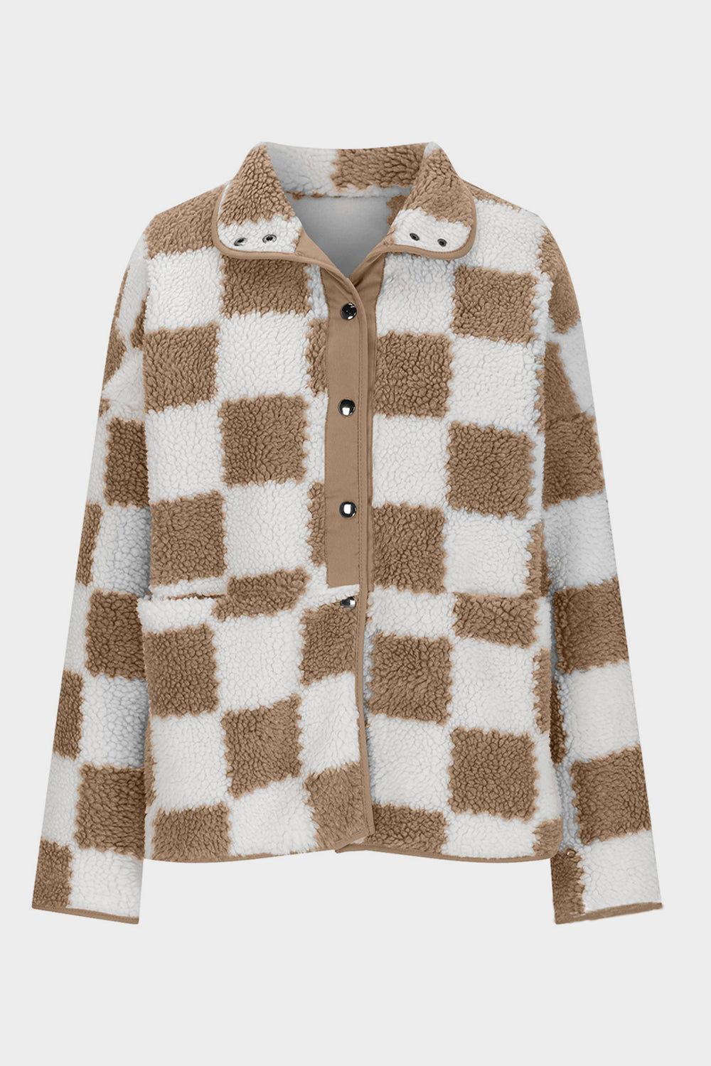 Checkered Snap Down Long Sleeve Teddy Jacket - Clothes For Her Online Store