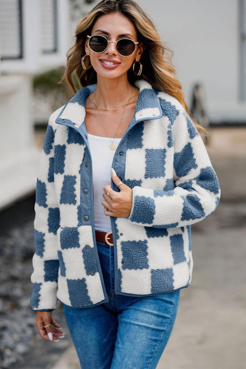 Checkered Snap Down Long Sleeve Teddy Jacket - Clothes For Her Online Store