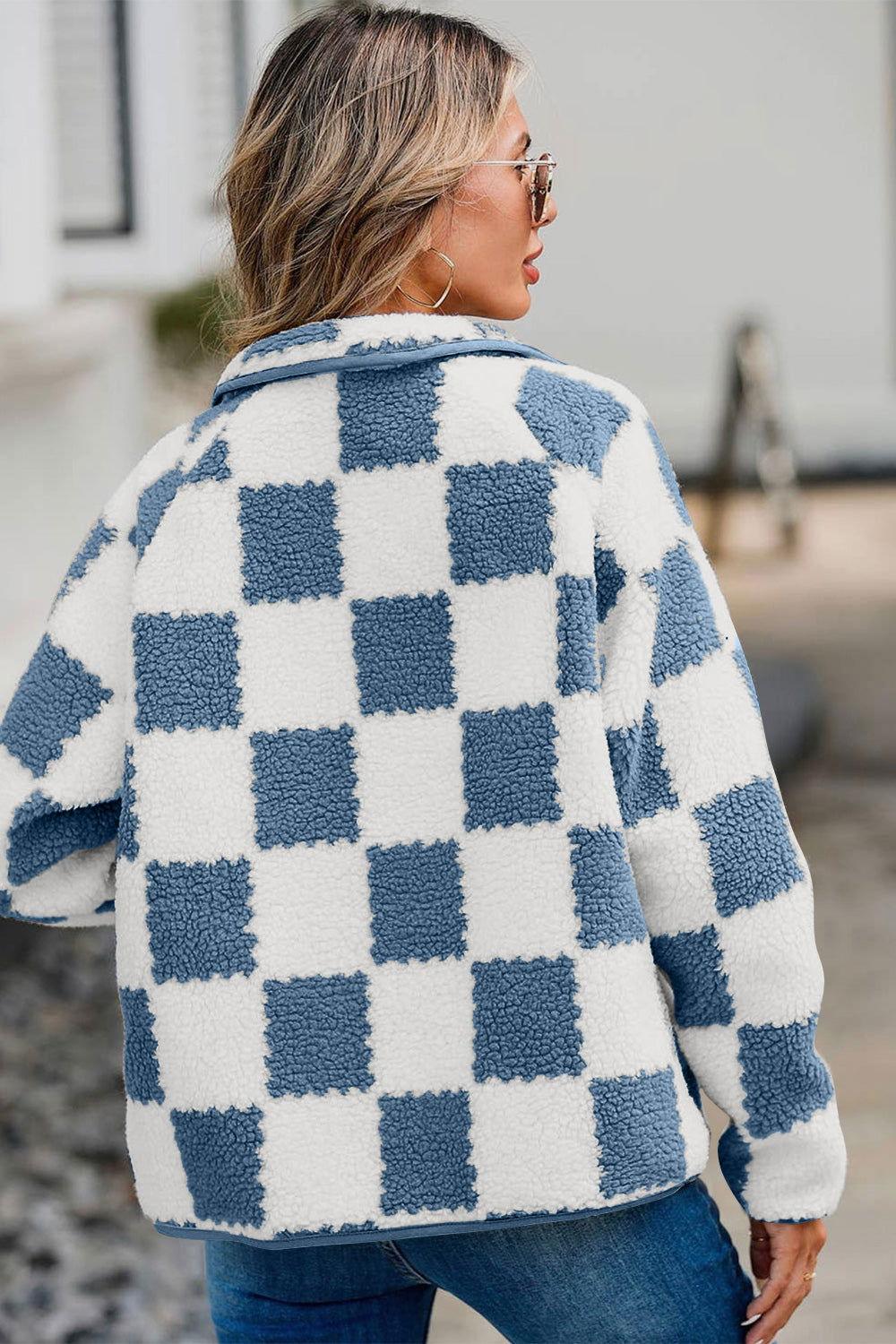 Checkered Snap Down Long Sleeve Teddy Jacket - Clothes For Her Online Store