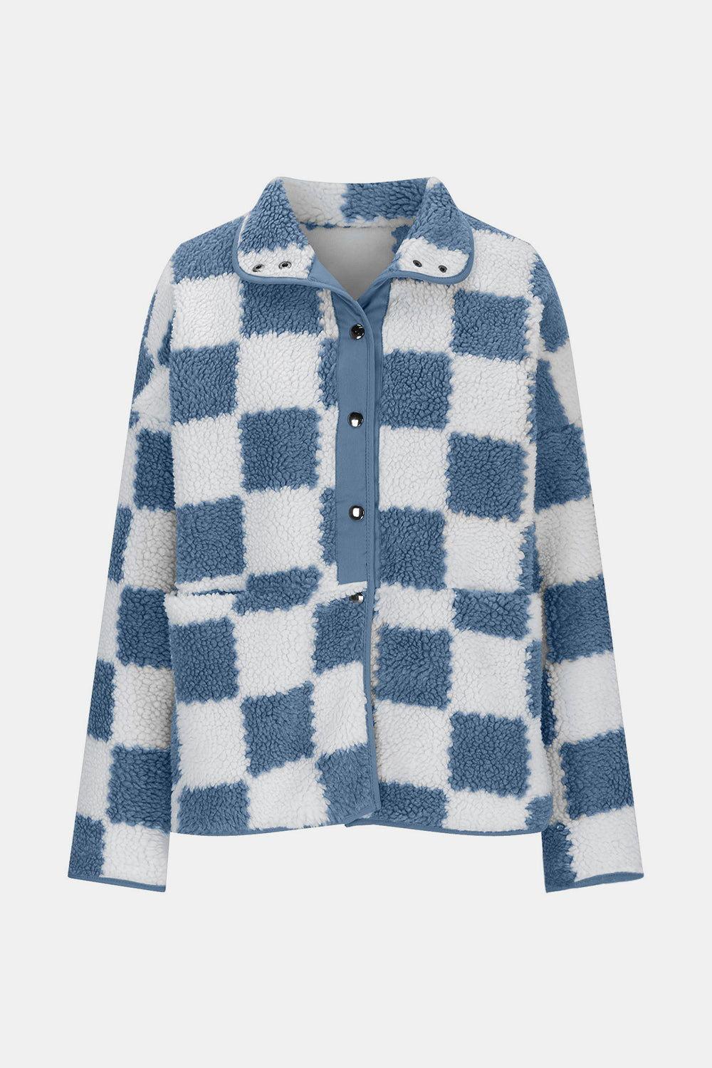 Checkered Snap Down Long Sleeve Teddy Jacket - Clothes For Her Online Store