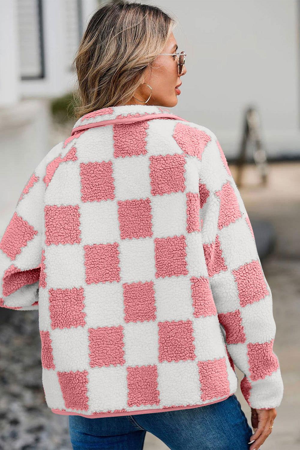 Checkered Snap Down Long Sleeve Teddy Jacket - Clothes For Her Online Store