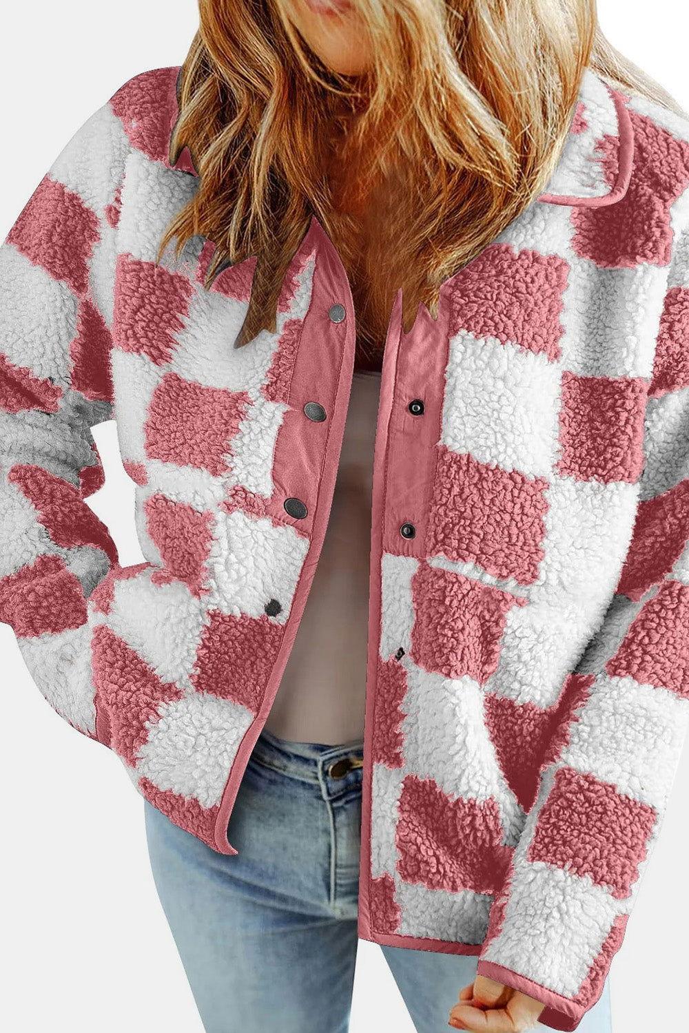 Checkered Snap Down Long Sleeve Teddy Jacket - Clothes For Her Online Store