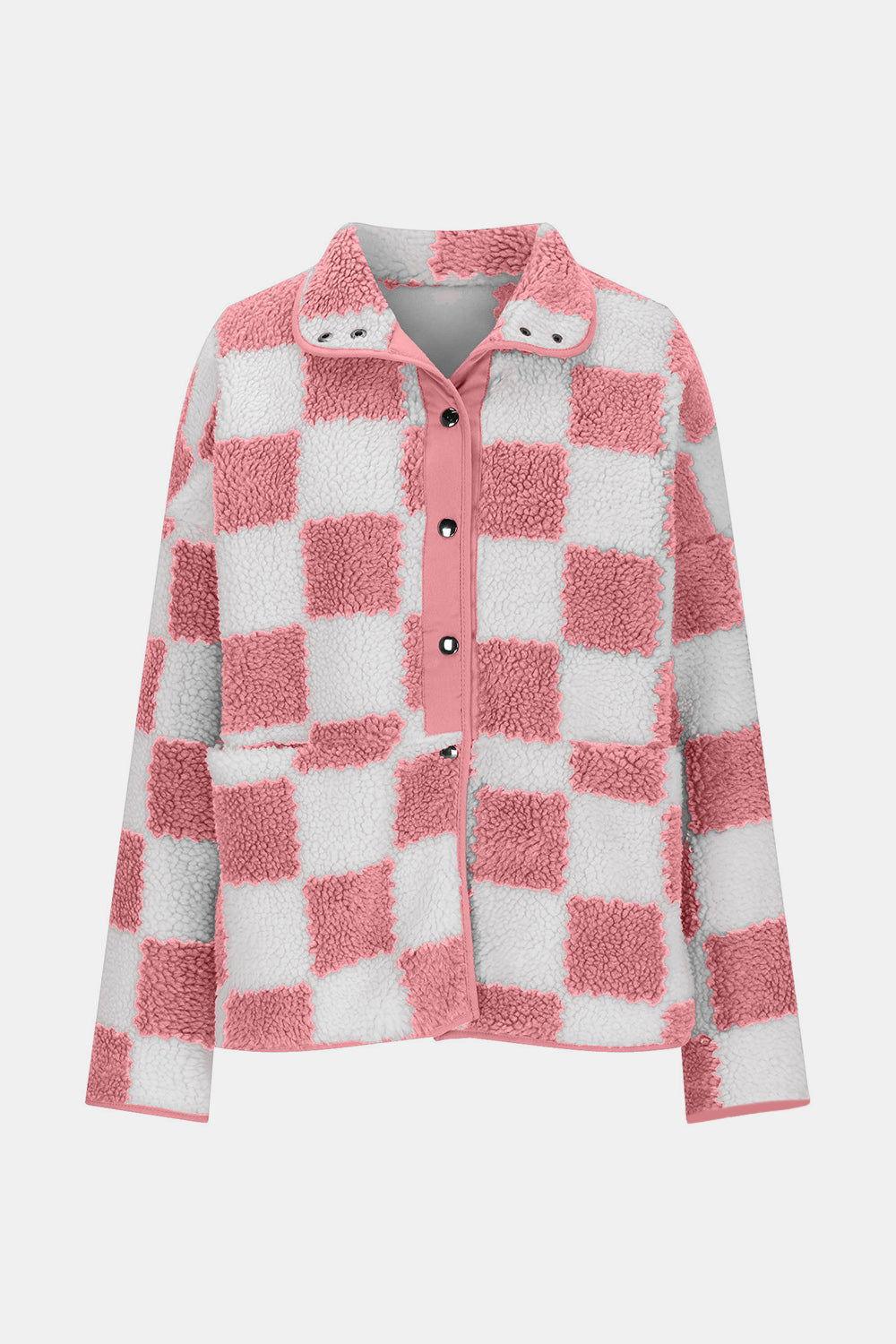 Checkered Snap Down Long Sleeve Teddy Jacket - Clothes For Her Online Store