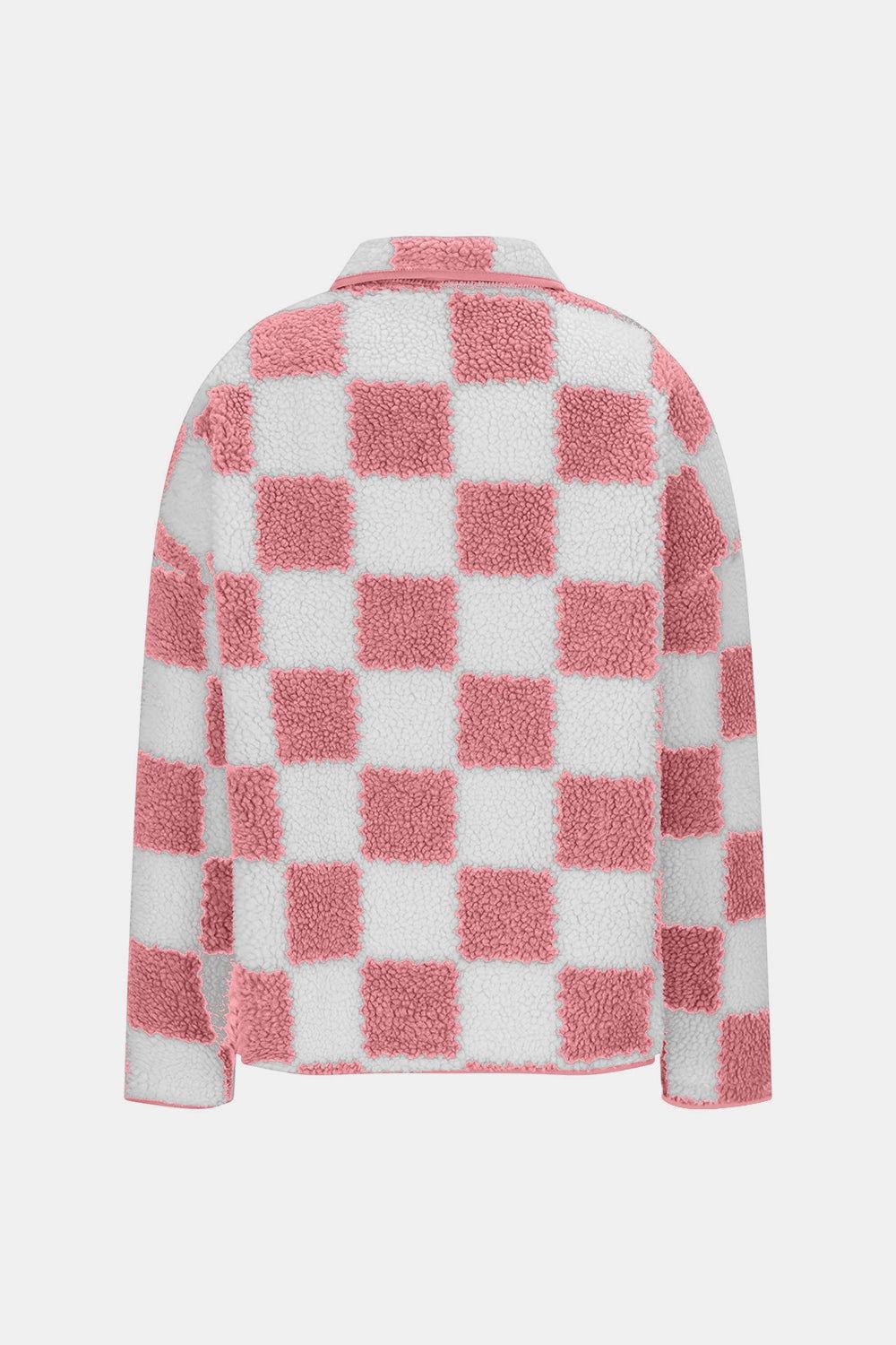 Checkered Snap Down Long Sleeve Teddy Jacket - Clothes For Her Online Store