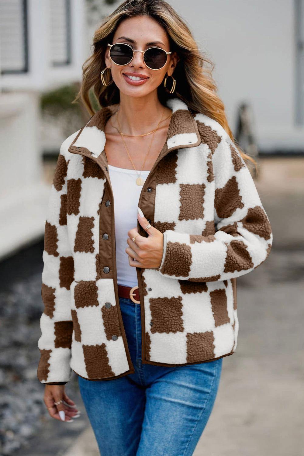 Checkered Snap Down Long Sleeve Teddy Jacket - Clothes For Her Online Store