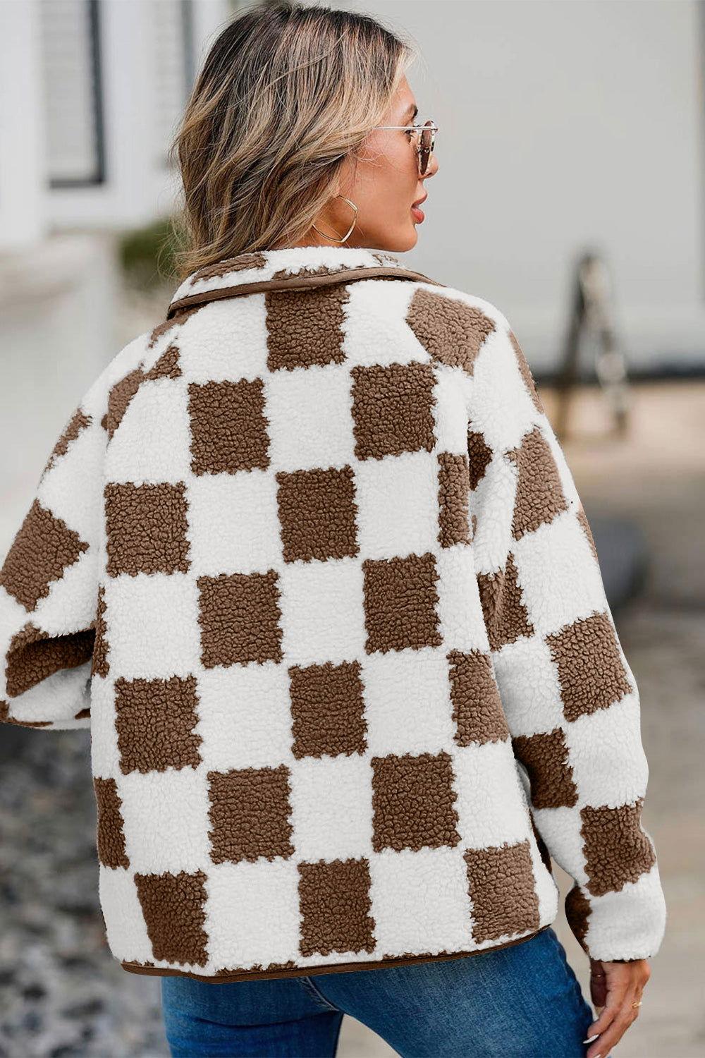 Checkered Snap Down Long Sleeve Teddy Jacket - Clothes For Her Online Store