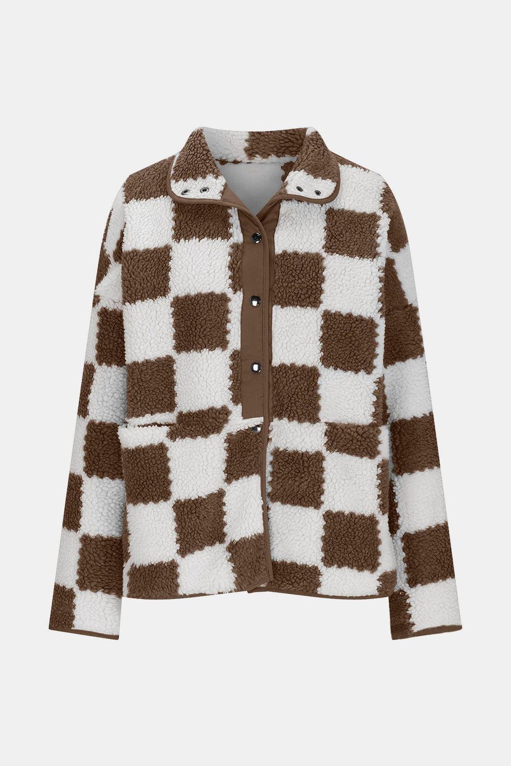 Checkered Snap Down Long Sleeve Teddy Jacket - Clothes For Her Online Store