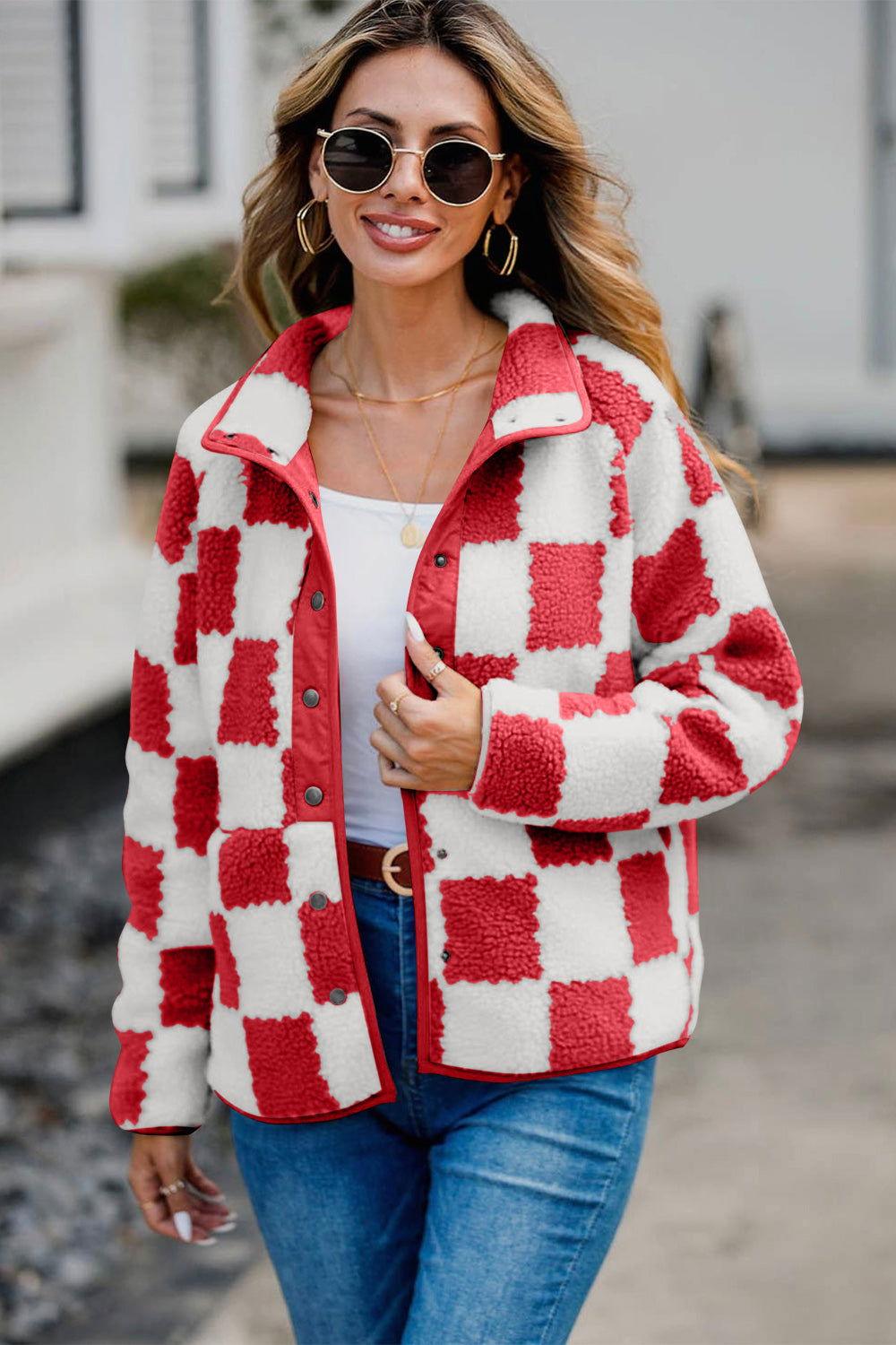 Checkered Snap Down Long Sleeve Teddy Jacket - Clothes For Her Online Store