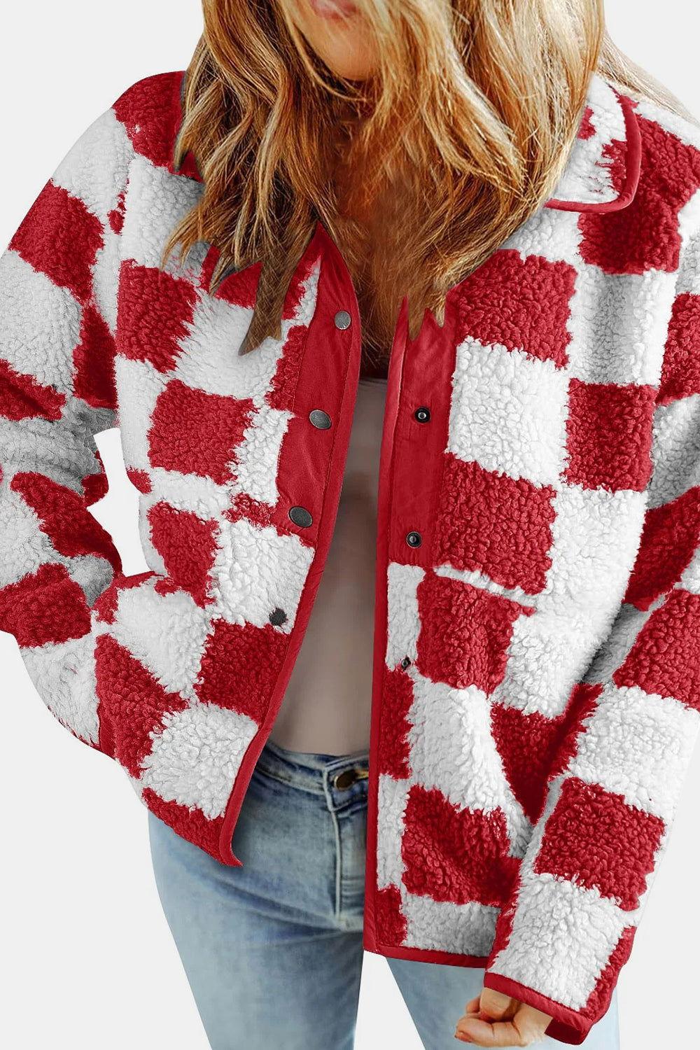 Checkered Snap Down Long Sleeve Teddy Jacket - Clothes For Her Online Store