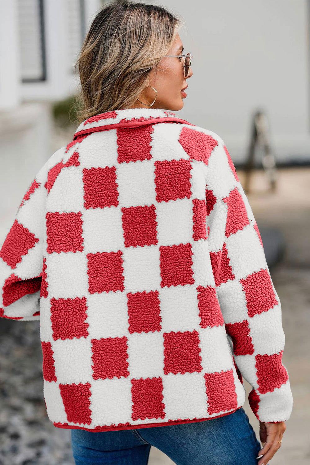 Checkered Snap Down Long Sleeve Teddy Jacket - Clothes For Her Online Store