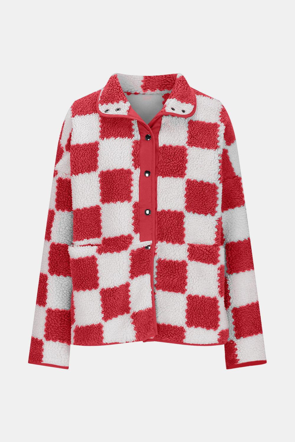Checkered Snap Down Long Sleeve Teddy Jacket - Clothes For Her Online Store
