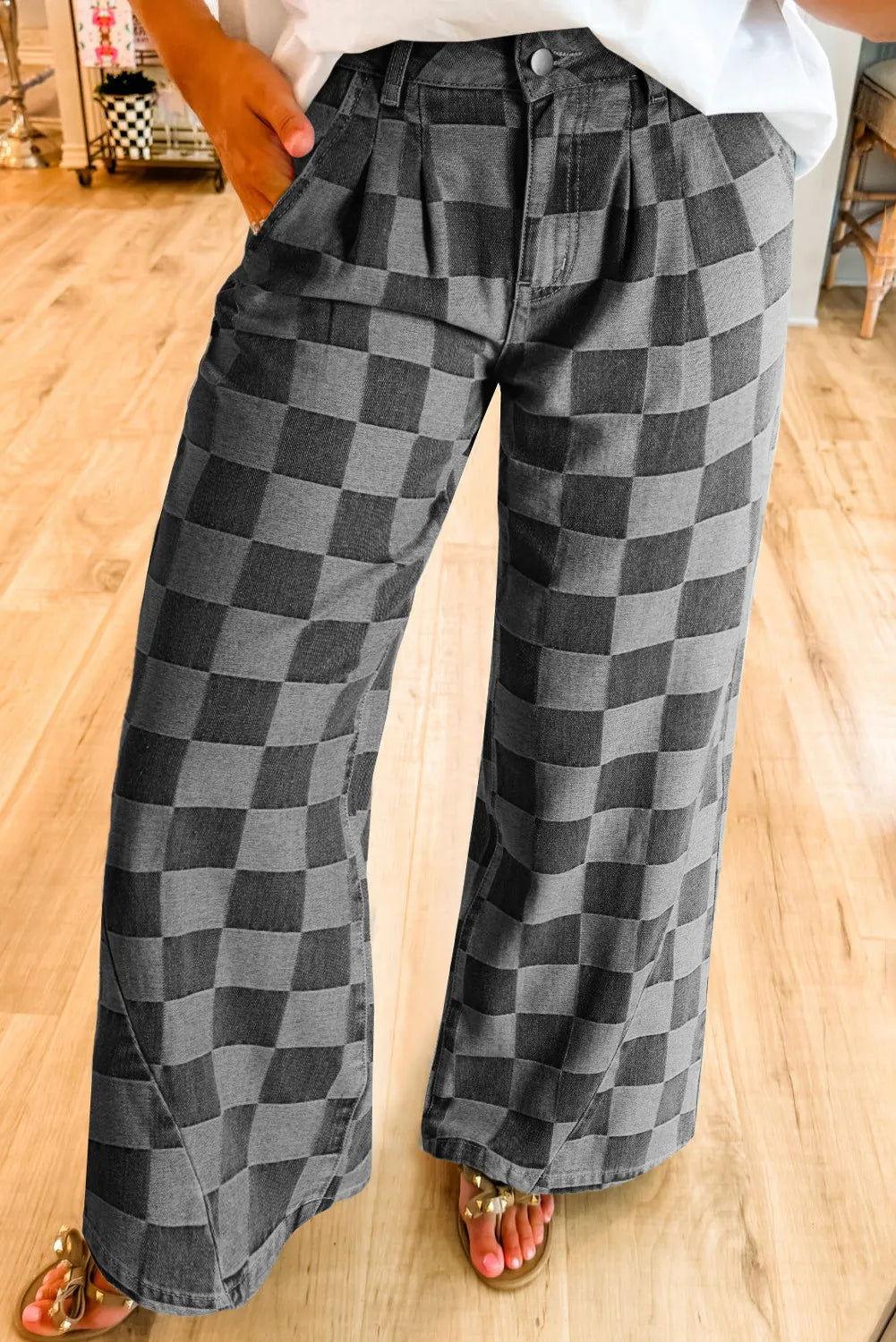 Checkered Wide Leg Jeans with Pockets - Clothes For Her Online Store