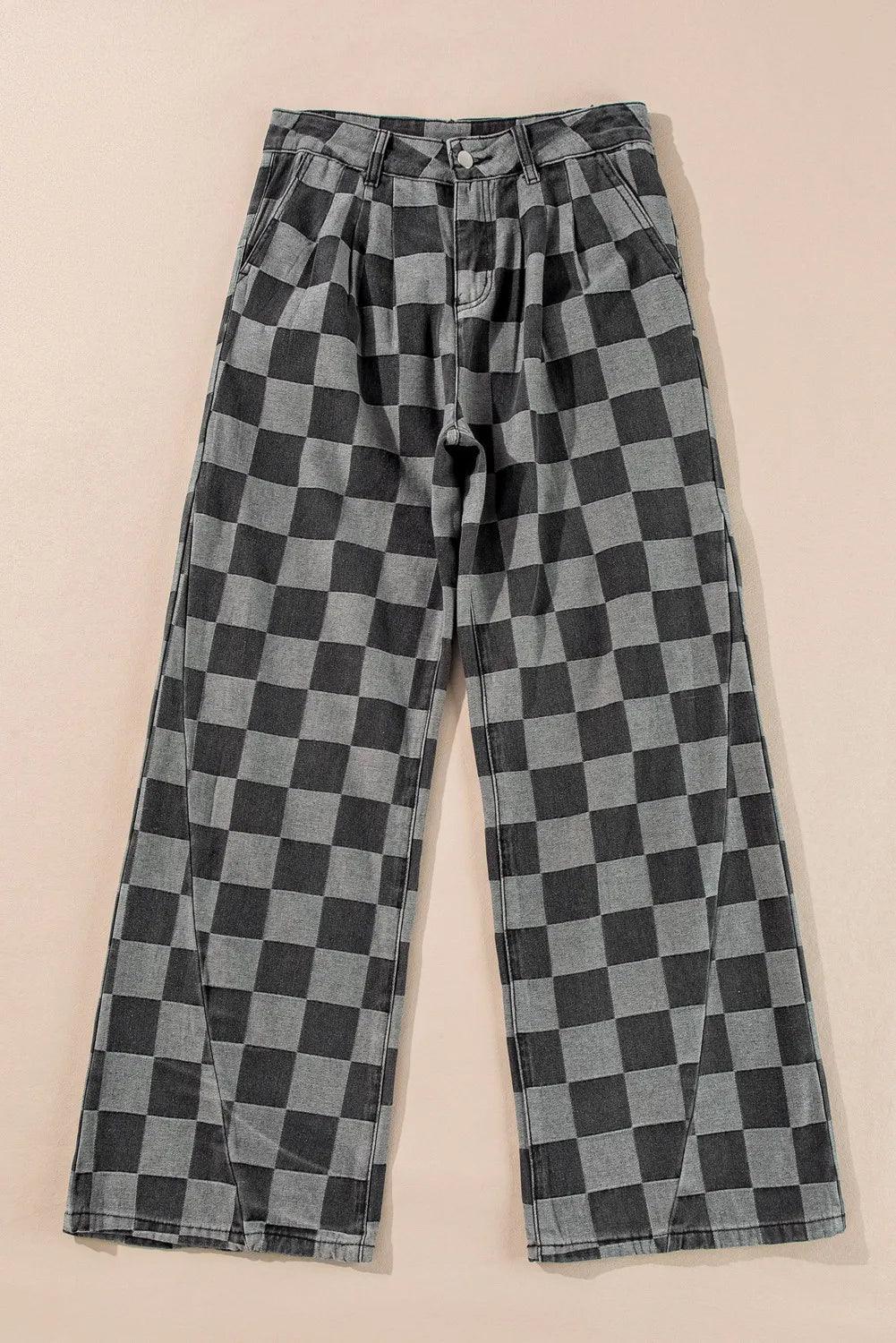 Checkered Wide Leg Jeans with Pockets - Clothes For Her Online Store