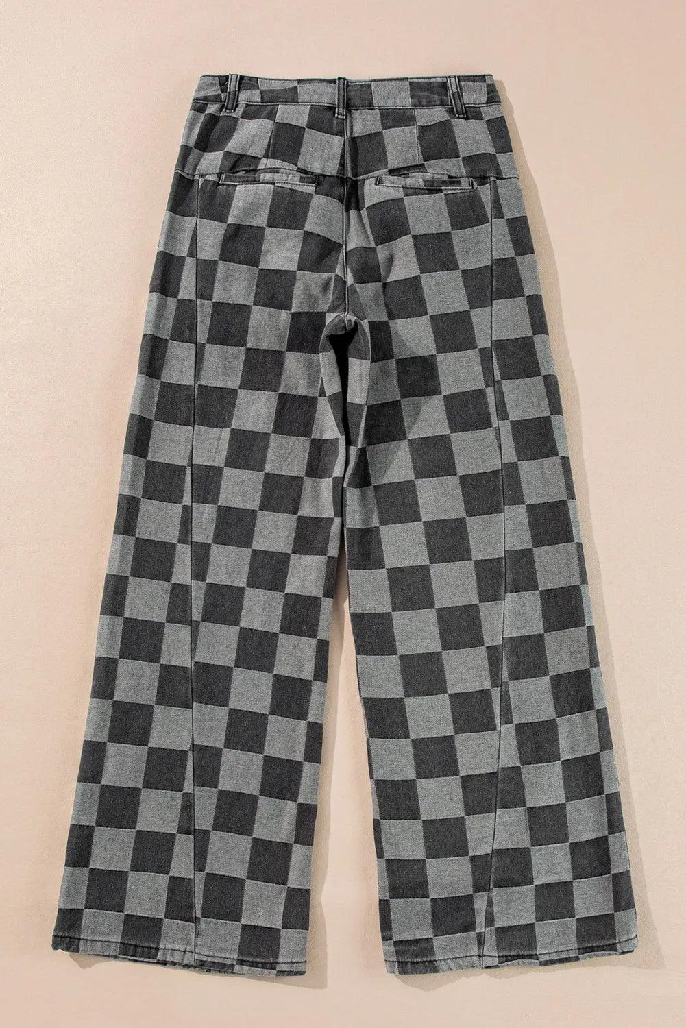 Checkered Wide Leg Jeans with Pockets - Clothes For Her Online Store