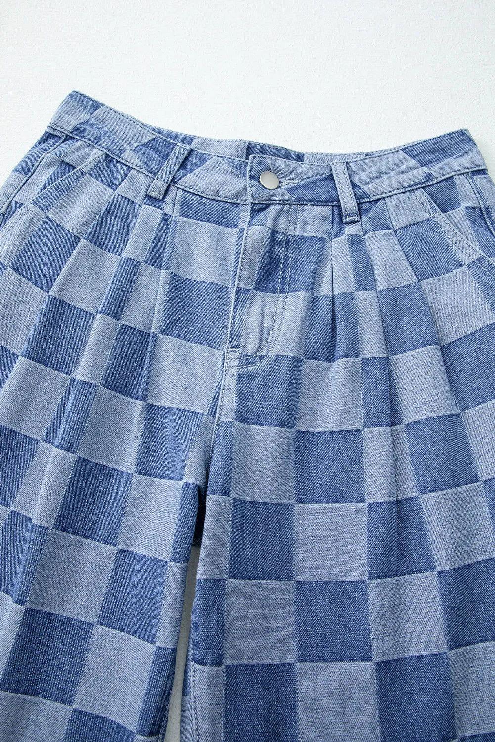 Checkered Wide Leg Jeans with Pockets - Clothes For Her Online Store