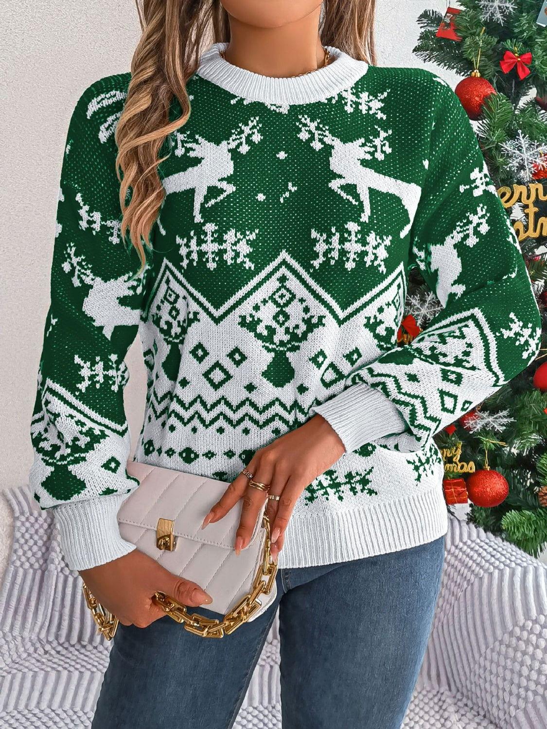 Christmas Element Round Neck Long Sleeve Sweater - Clothes For Her Online Store