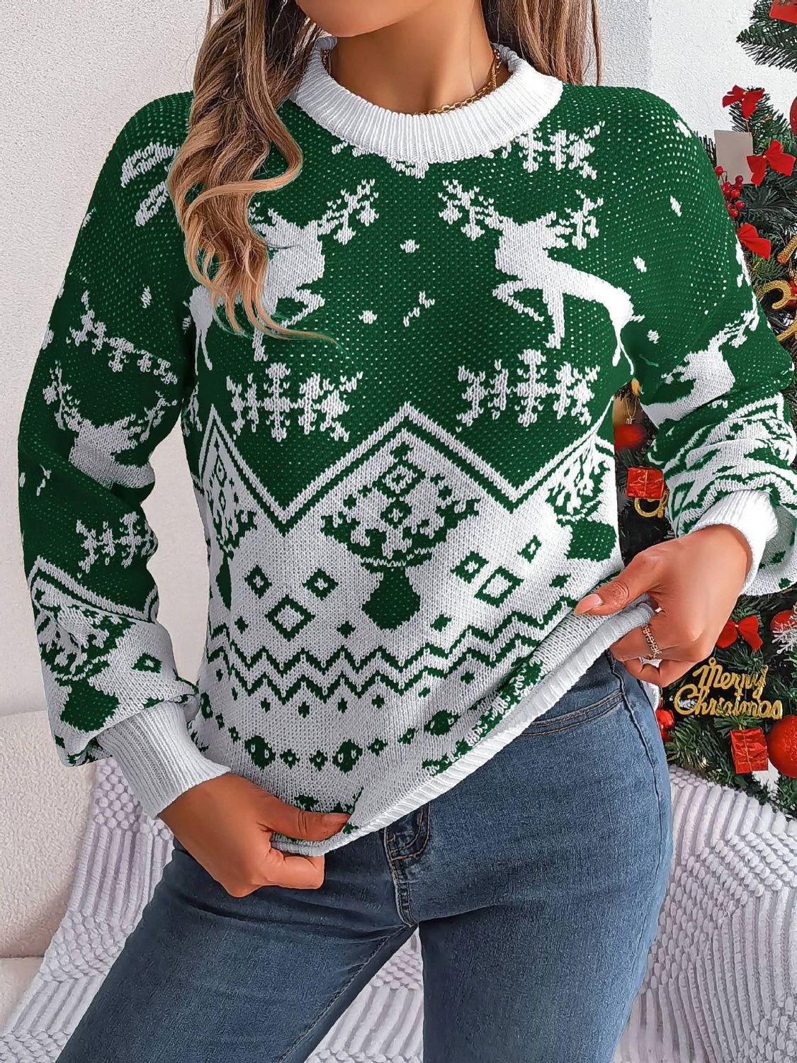Christmas Element Round Neck Long Sleeve Sweater - Clothes For Her Online Store