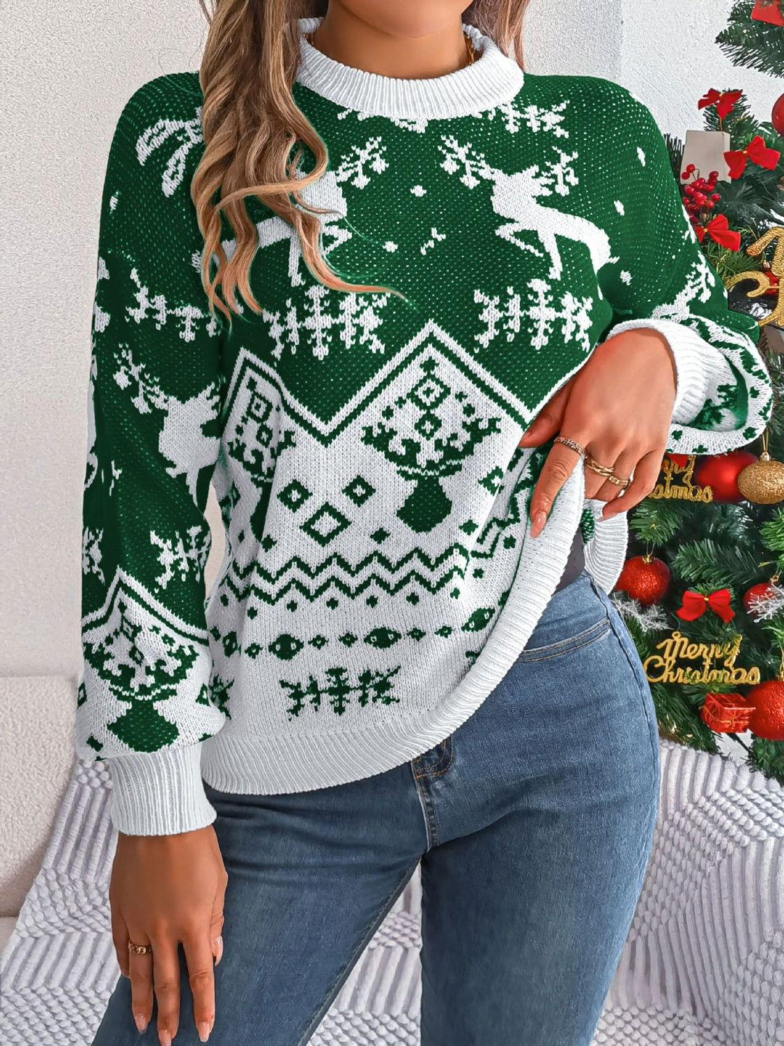 Christmas Element Round Neck Long Sleeve Sweater - Clothes For Her Online Store