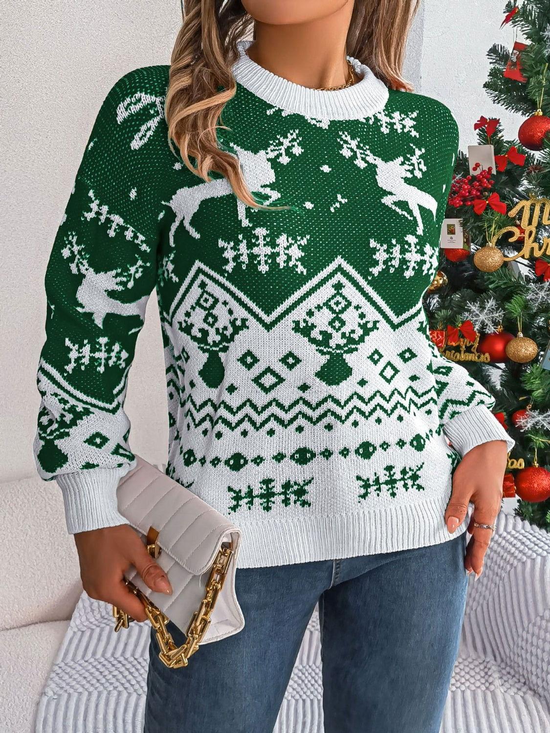 Christmas Element Round Neck Long Sleeve Sweater - Clothes For Her Online Store