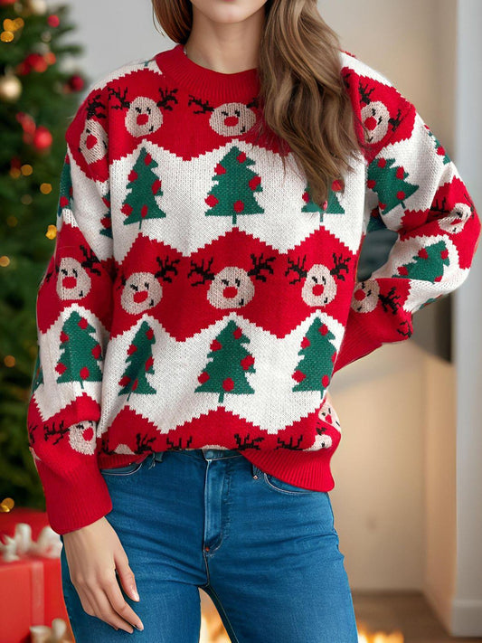 Christmas Element Round Neck Long Sleeve Sweater - Clothes For Her Online Store
