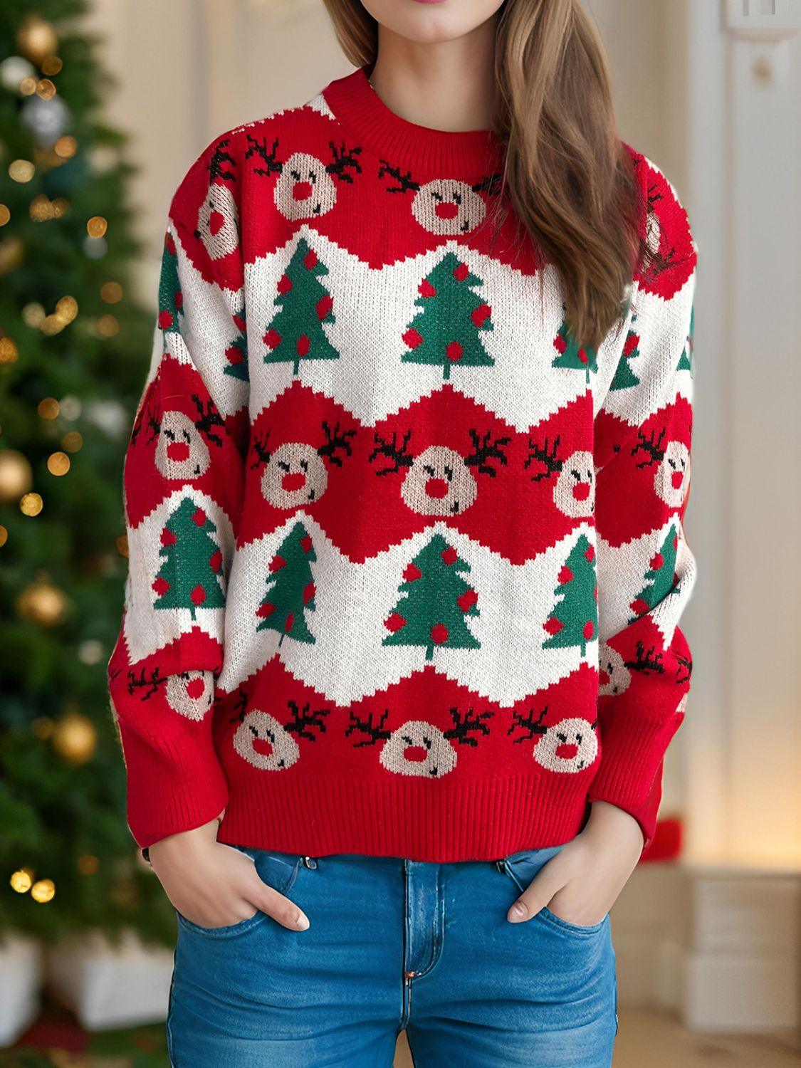 Christmas Element Round Neck Long Sleeve Sweater - Clothes For Her Online Store
