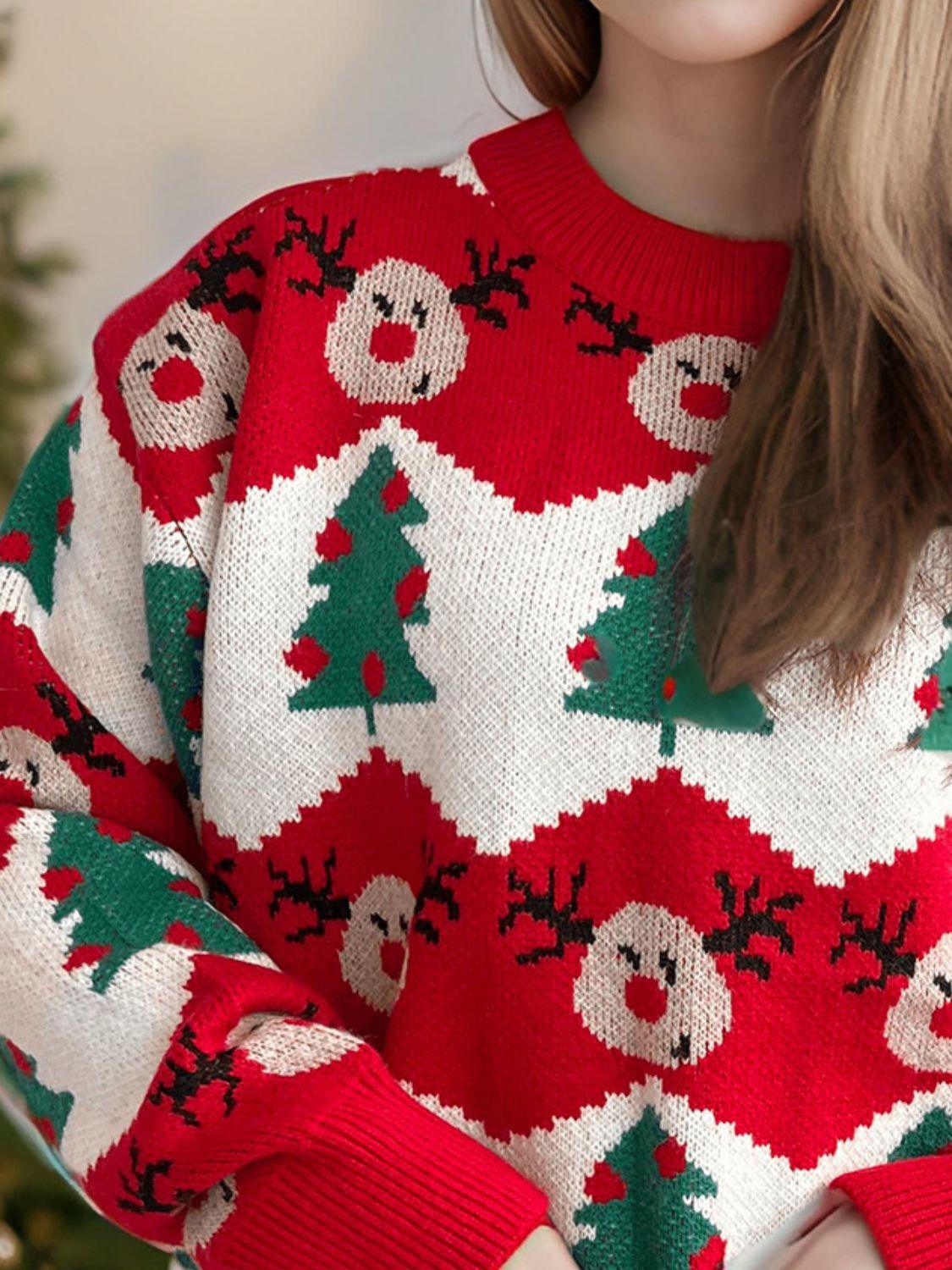 Christmas Element Round Neck Long Sleeve Sweater - Clothes For Her Online Store