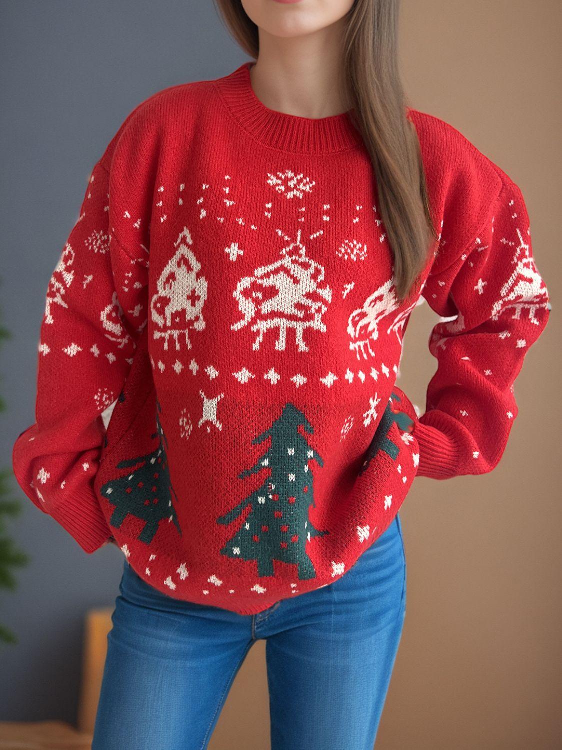 Christmas Element Round Neck Long Sleeve Sweater - Clothes For Her Online Store