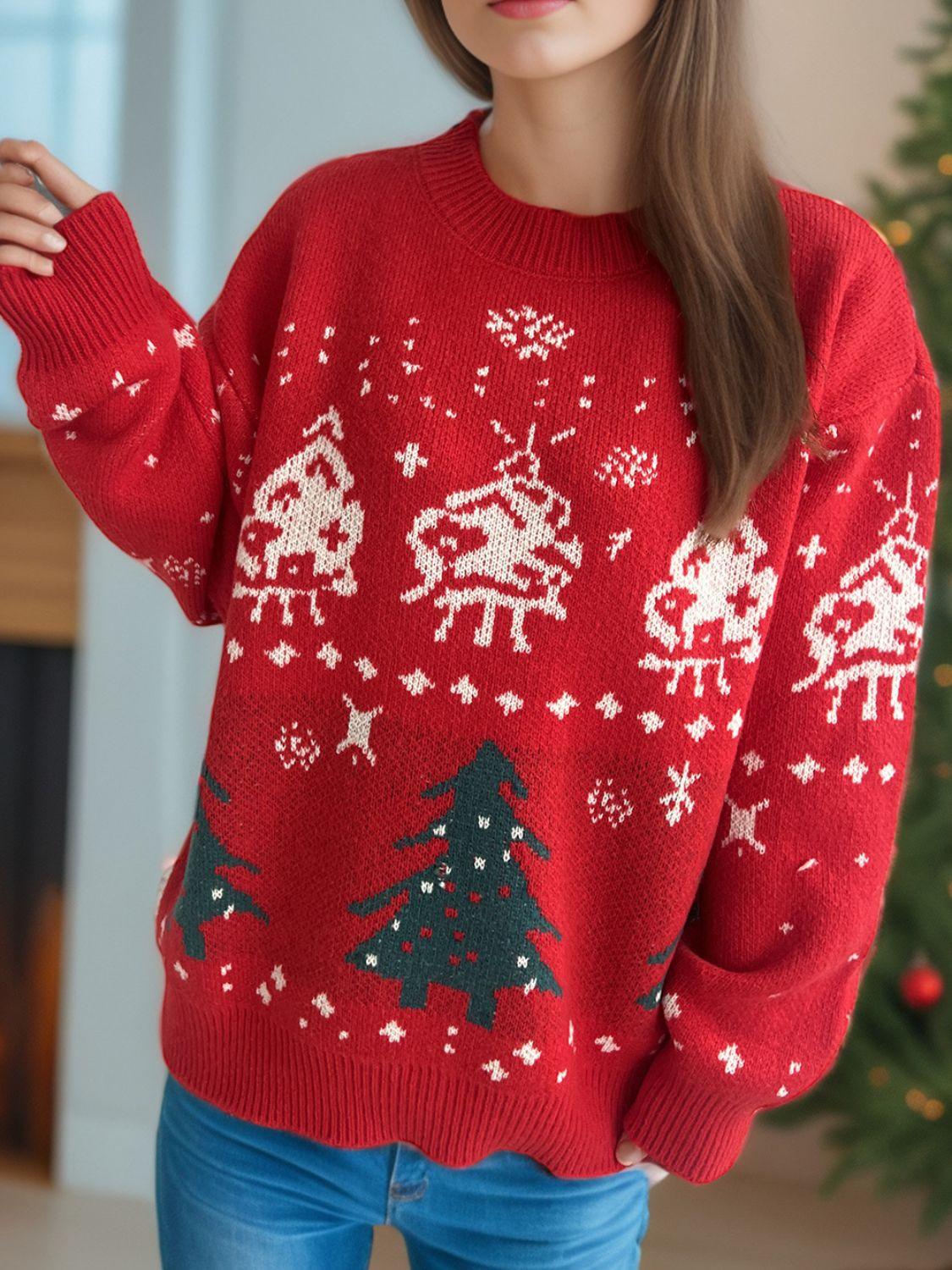 Christmas Element Round Neck Long Sleeve Sweater - Clothes For Her Online Store