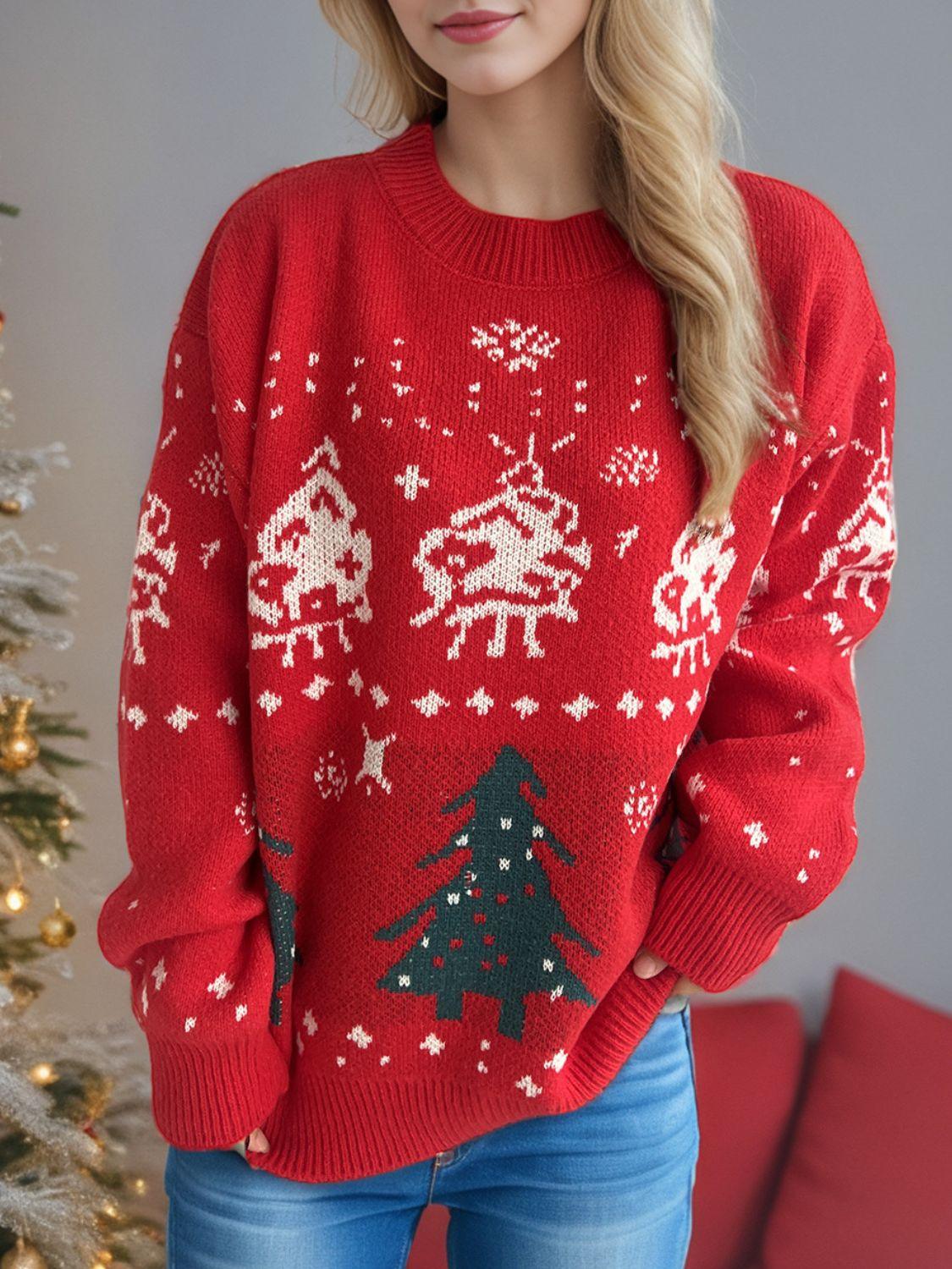 Christmas Element Round Neck Long Sleeve Sweater - Clothes For Her Online Store