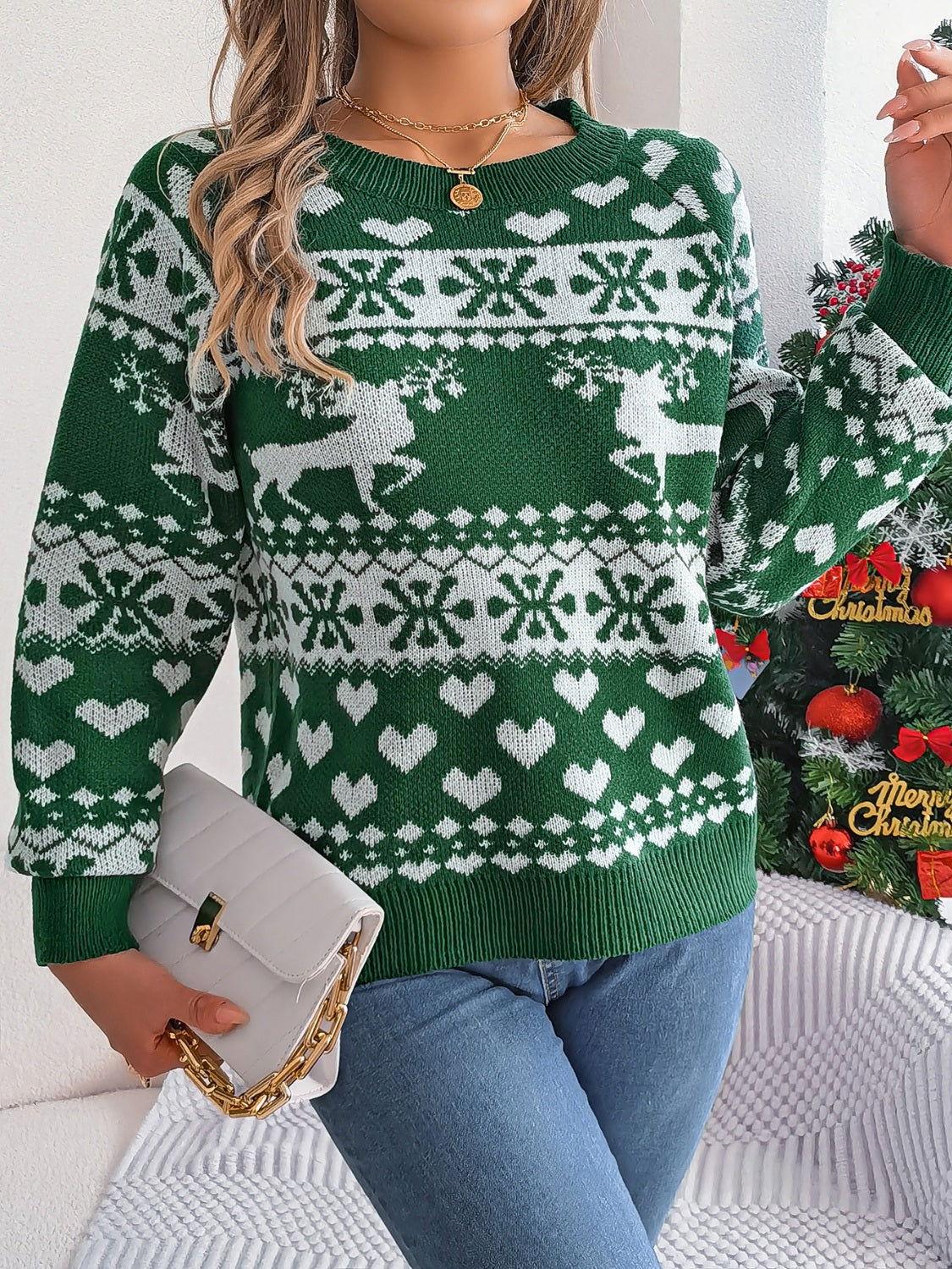 Christmas Element Round Neck Long Sleeve Sweater - Clothes For Her Online Store