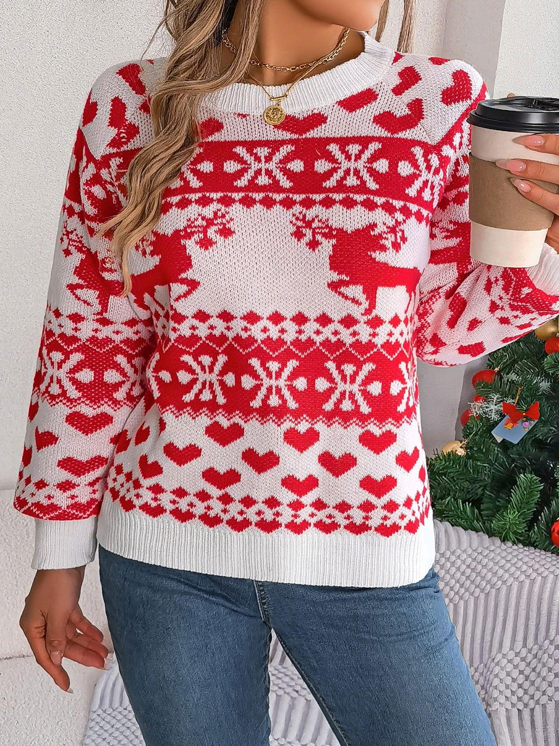 Christmas Element Round Neck Long Sleeve Sweater - Clothes For Her Online Store