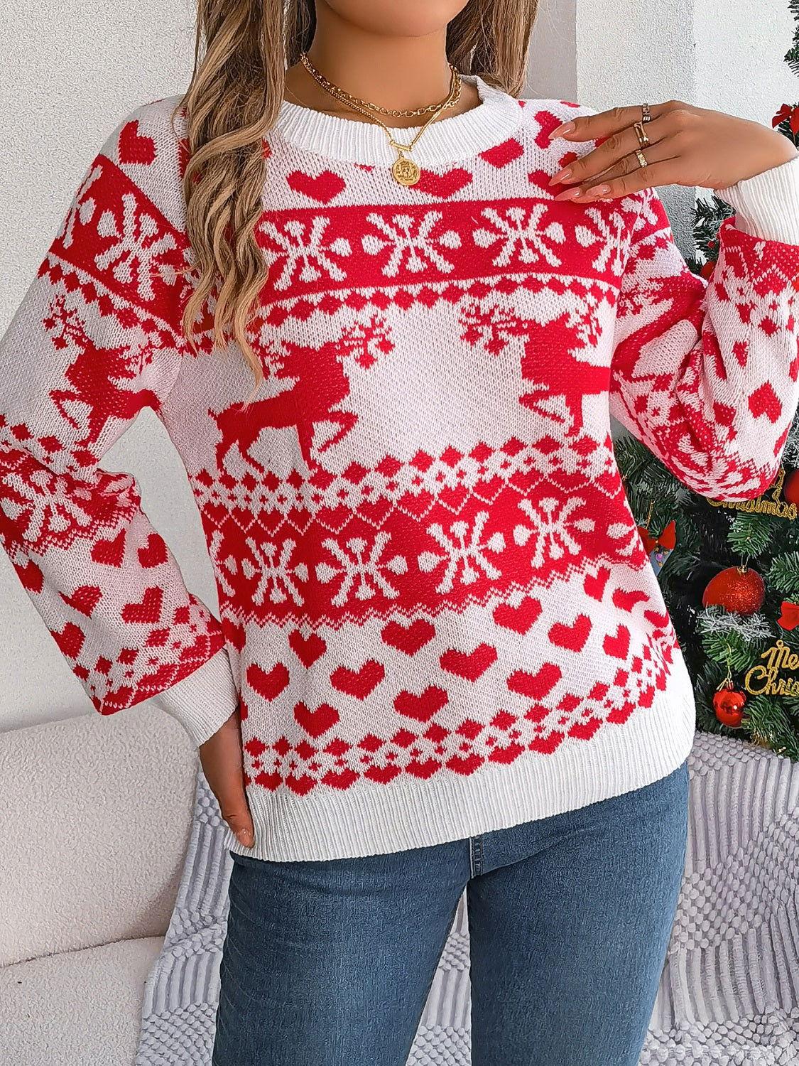 Christmas Element Round Neck Long Sleeve Sweater - Clothes For Her Online Store