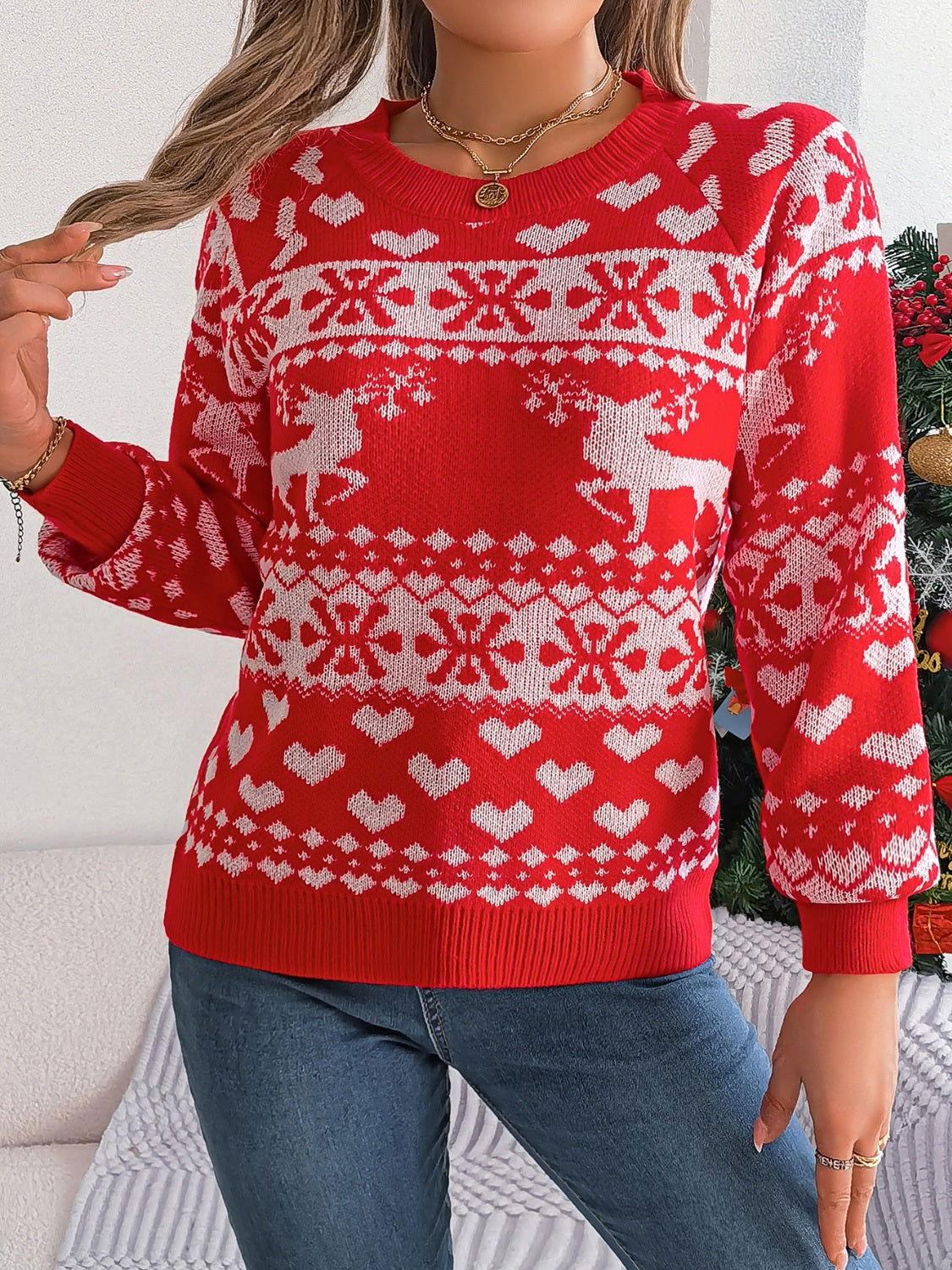 Christmas Element Round Neck Long Sleeve Sweater - Clothes For Her Online Store