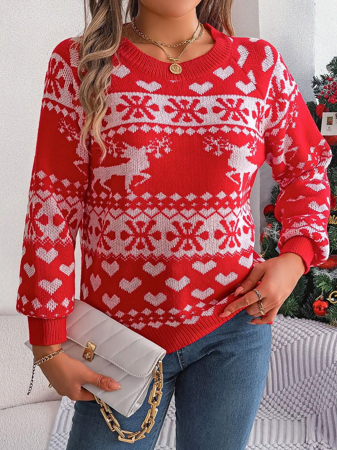 Christmas Element Round Neck Long Sleeve Sweater - Clothes For Her Online Store